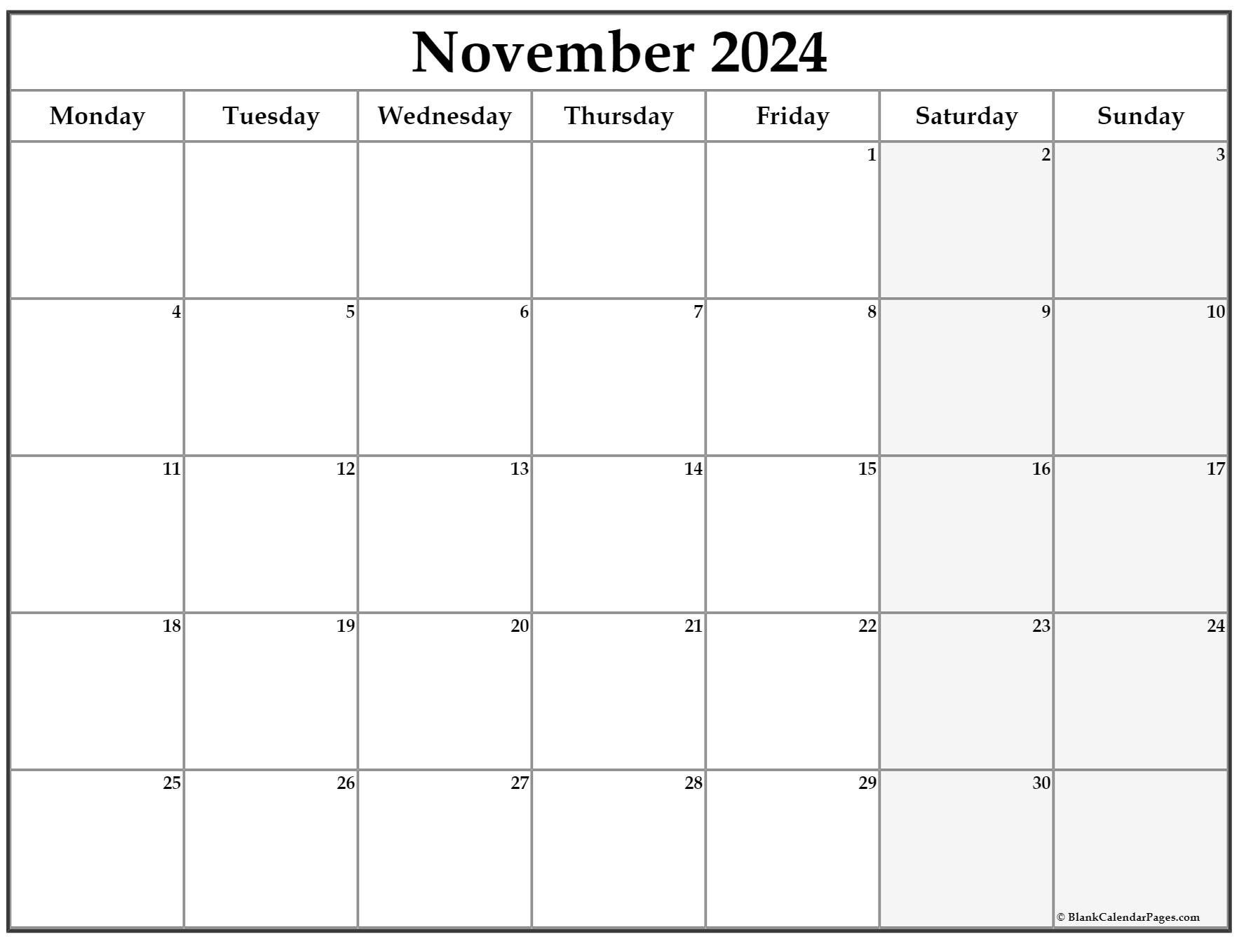 November 2019 Monday Calendar | Monday to Sunday