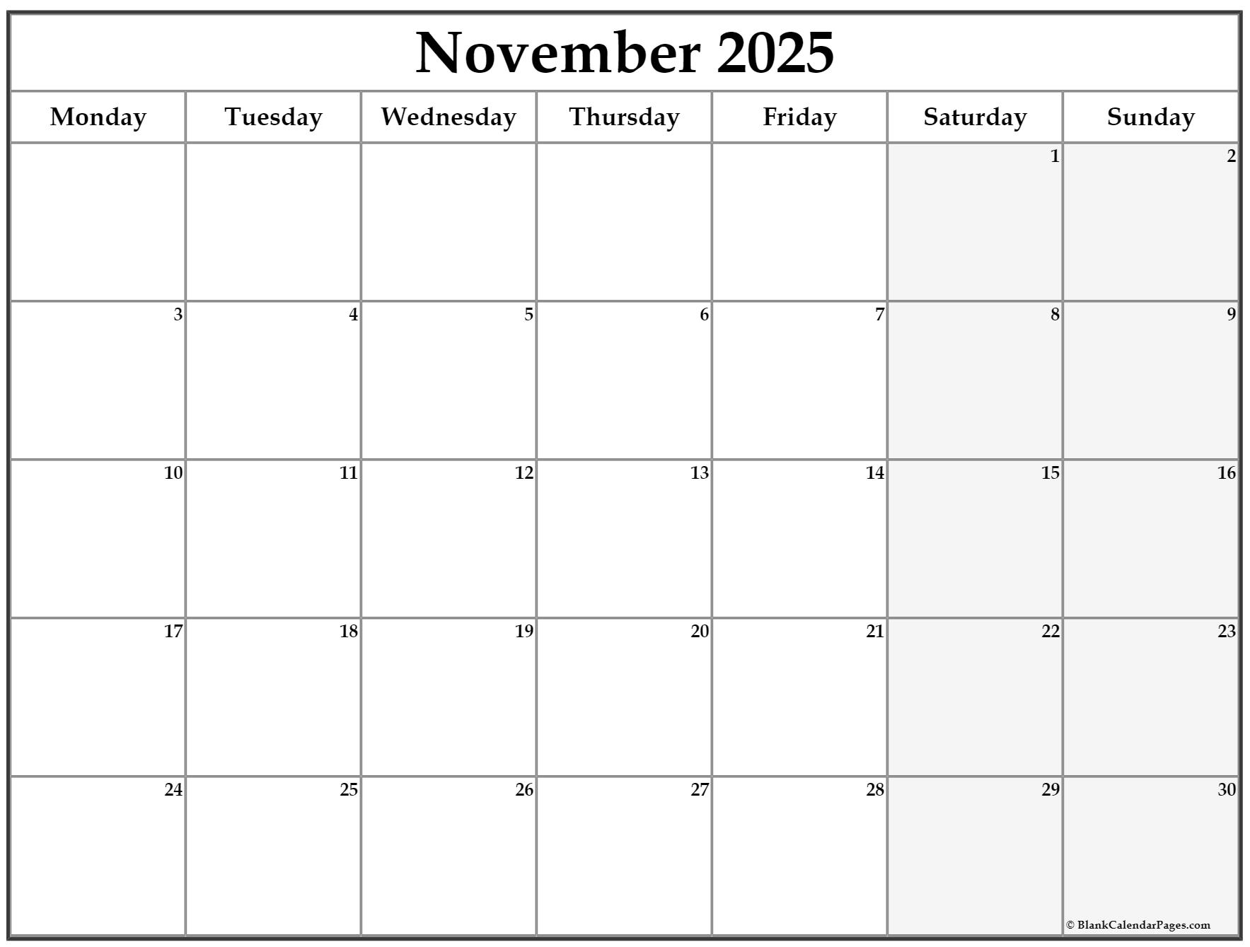 November 2019 Monday Calendar | Monday to Sunday