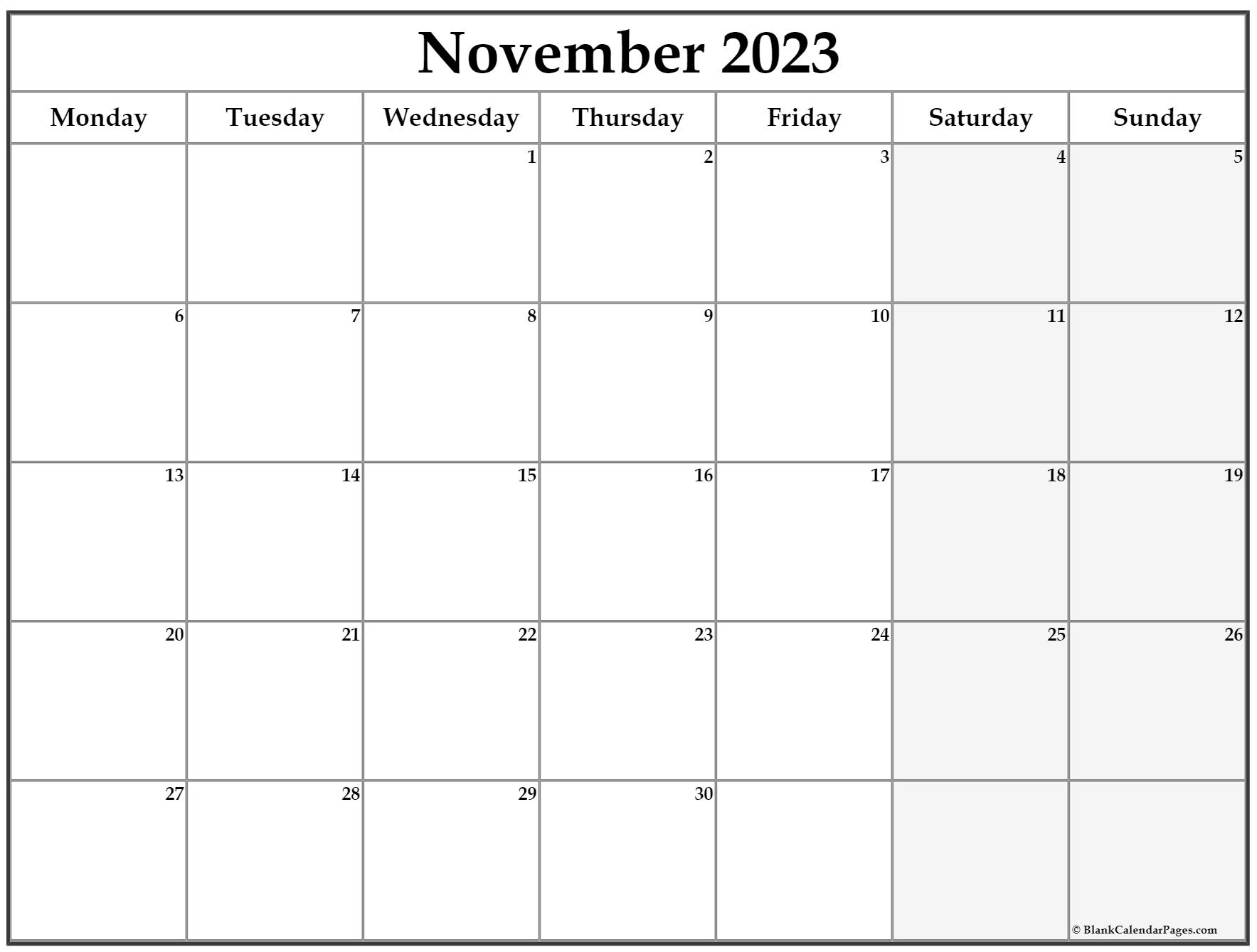 November 2023 Monday Calendar | Monday to Sunday