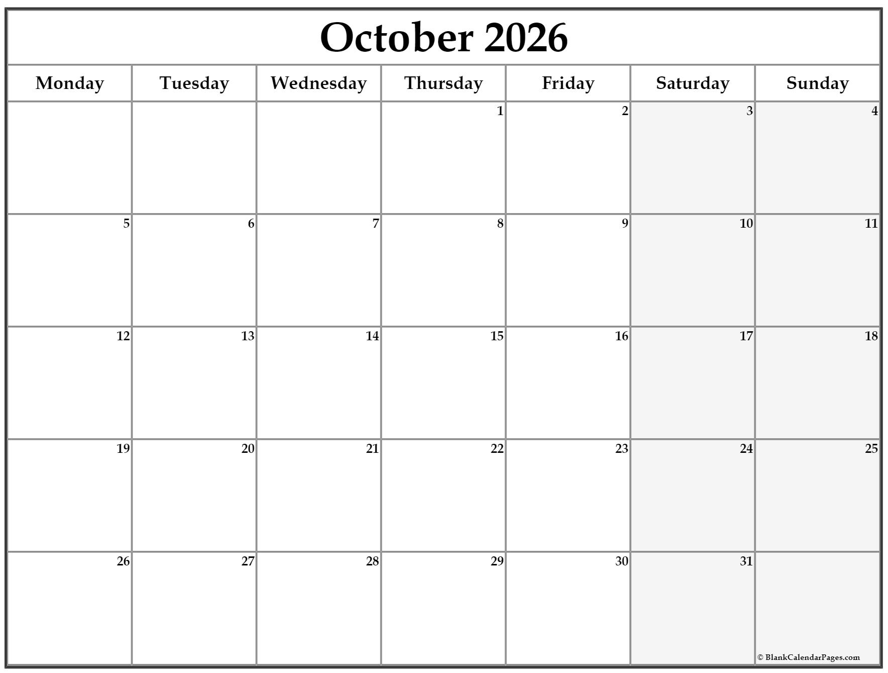October 2026 Monday Calendar Monday To Sunday