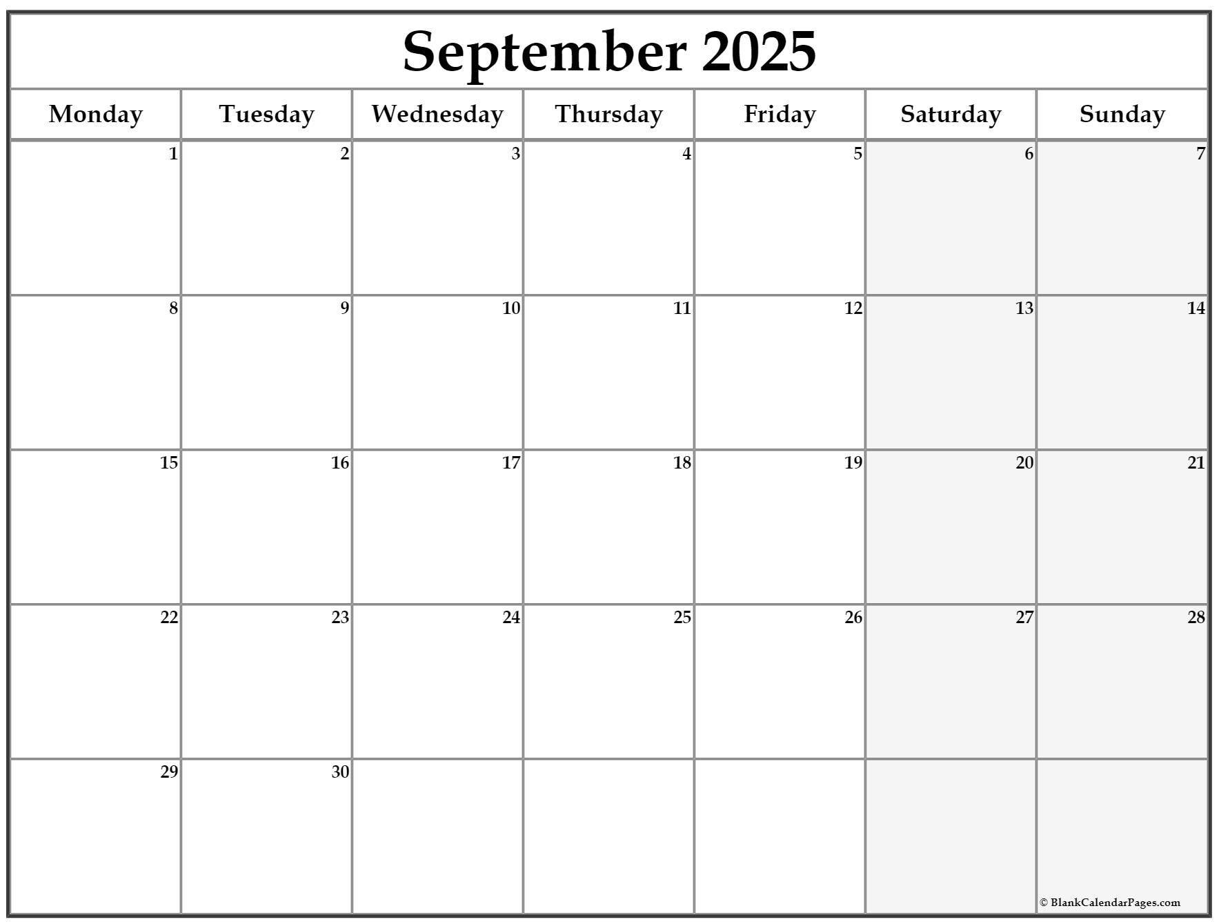 September 2019 Monday Calendar | Monday to Sunday