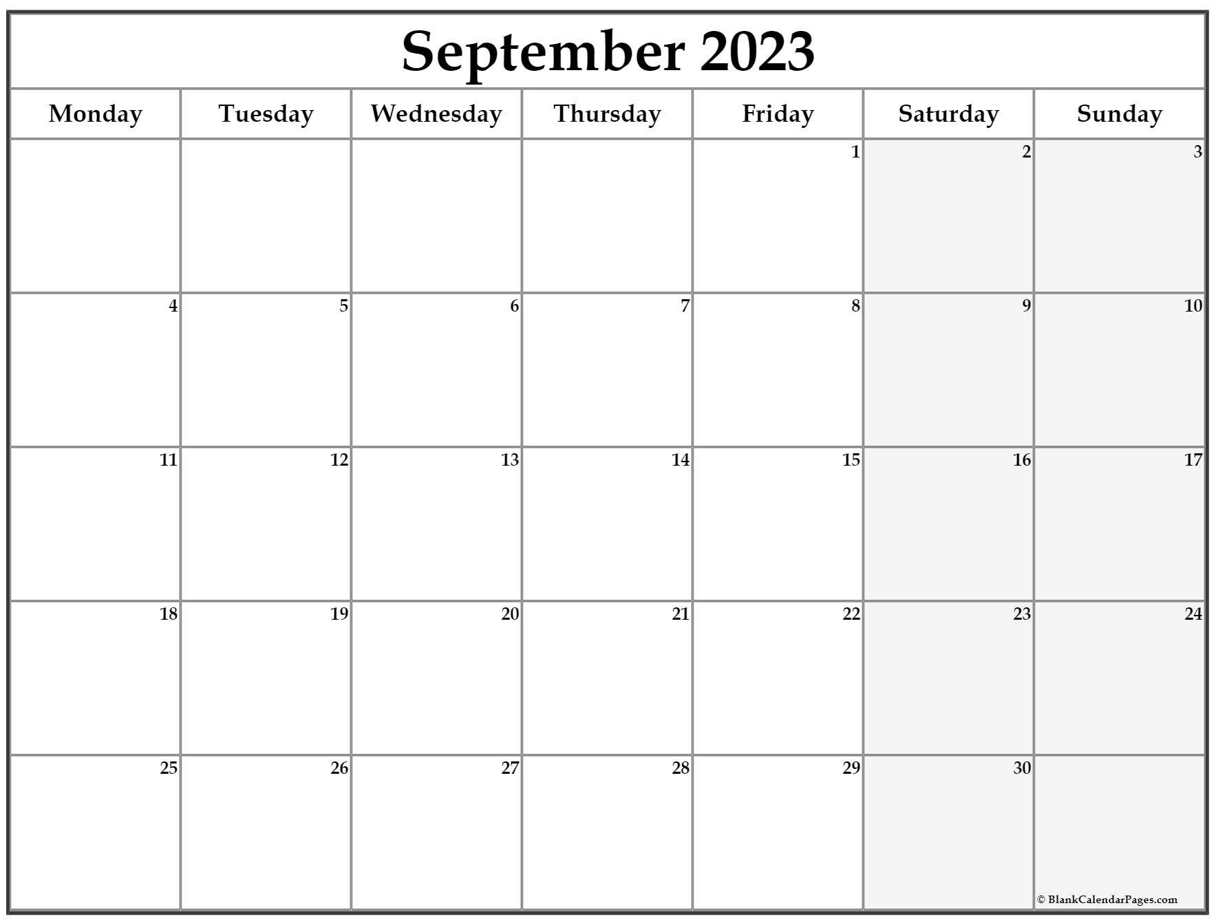 September 2023 Monday Calendar Monday to Sunday