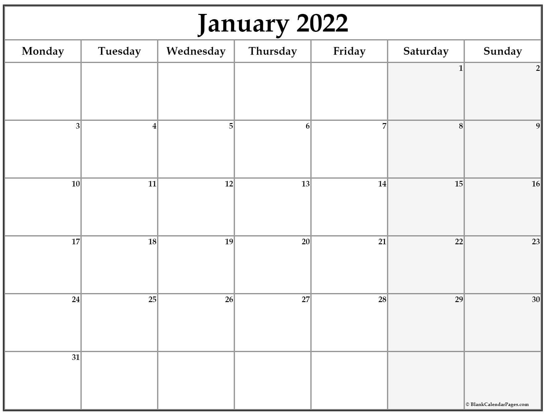 january 2022 monday calendar monday to sunday