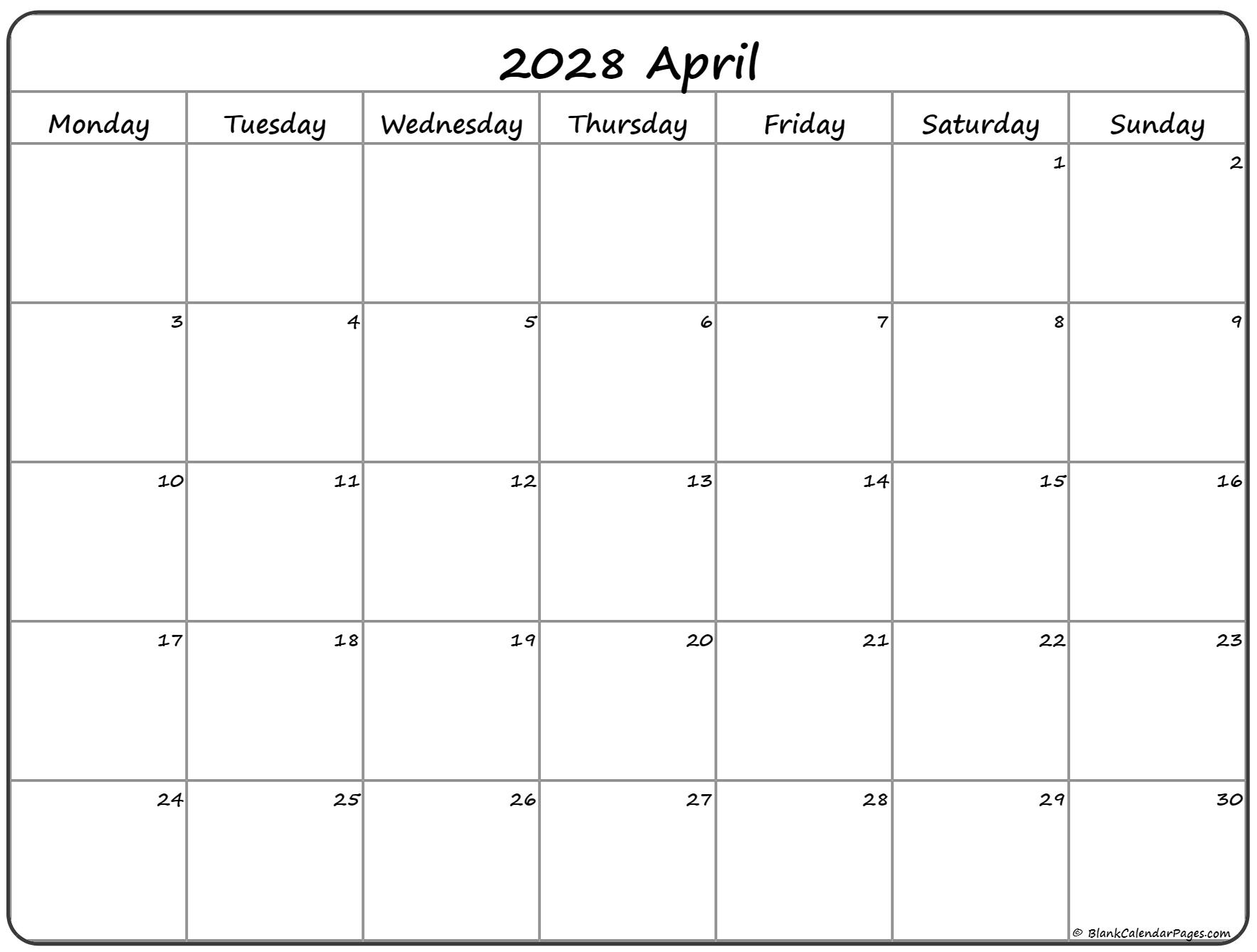 April 2028 Monday calendar. Monday to Sunday
