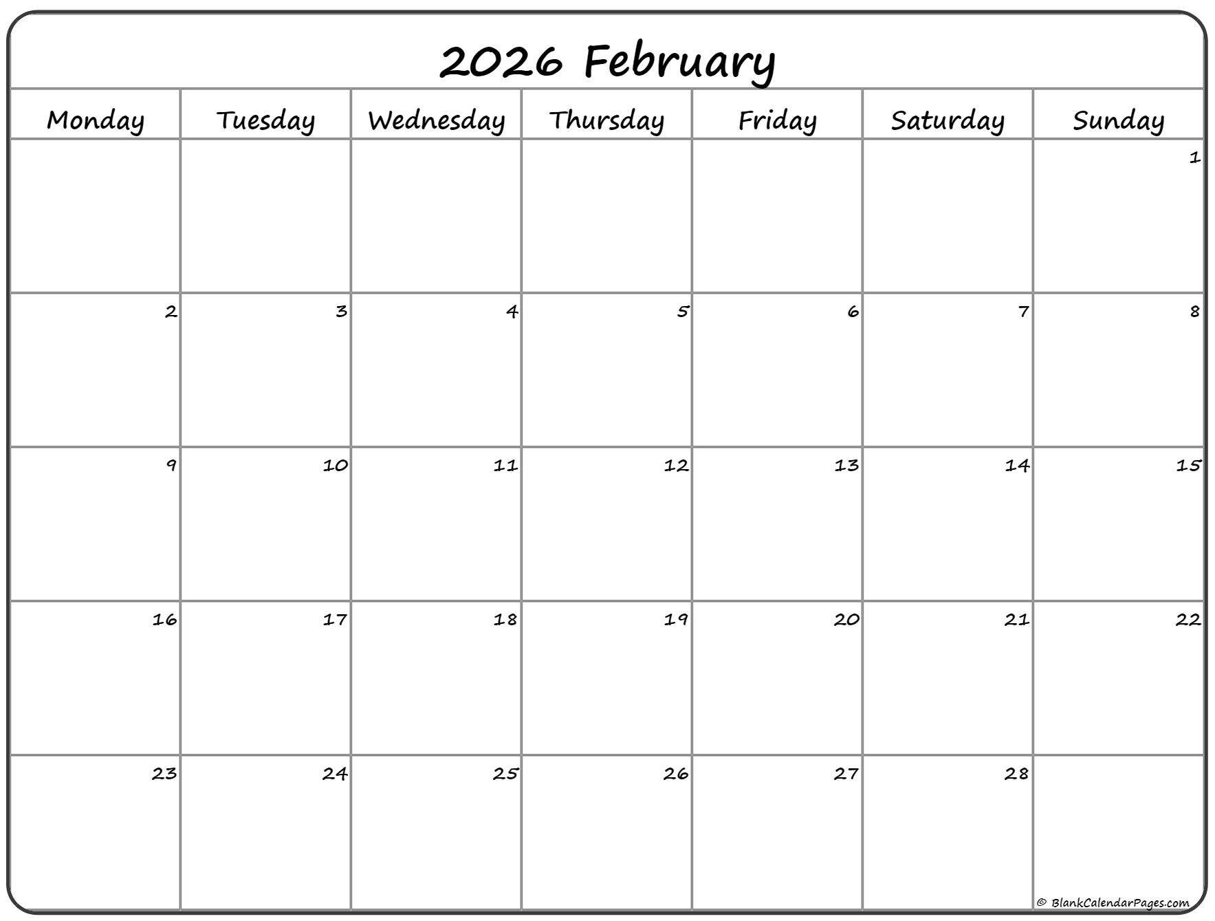 February 2026 Monday Calendar | Monday to Sunday