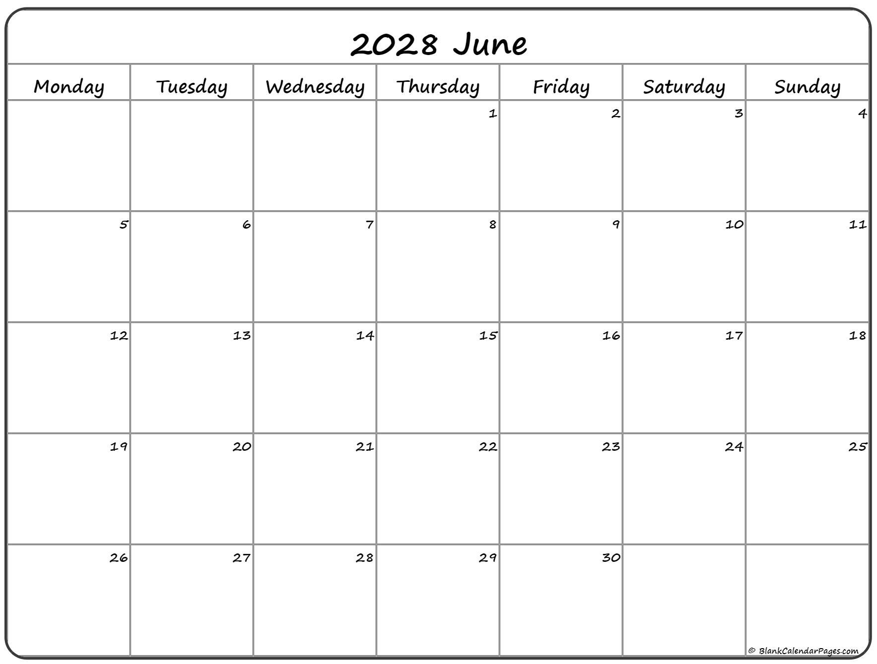 June 2028 Monday calendar. Monday to Sunday