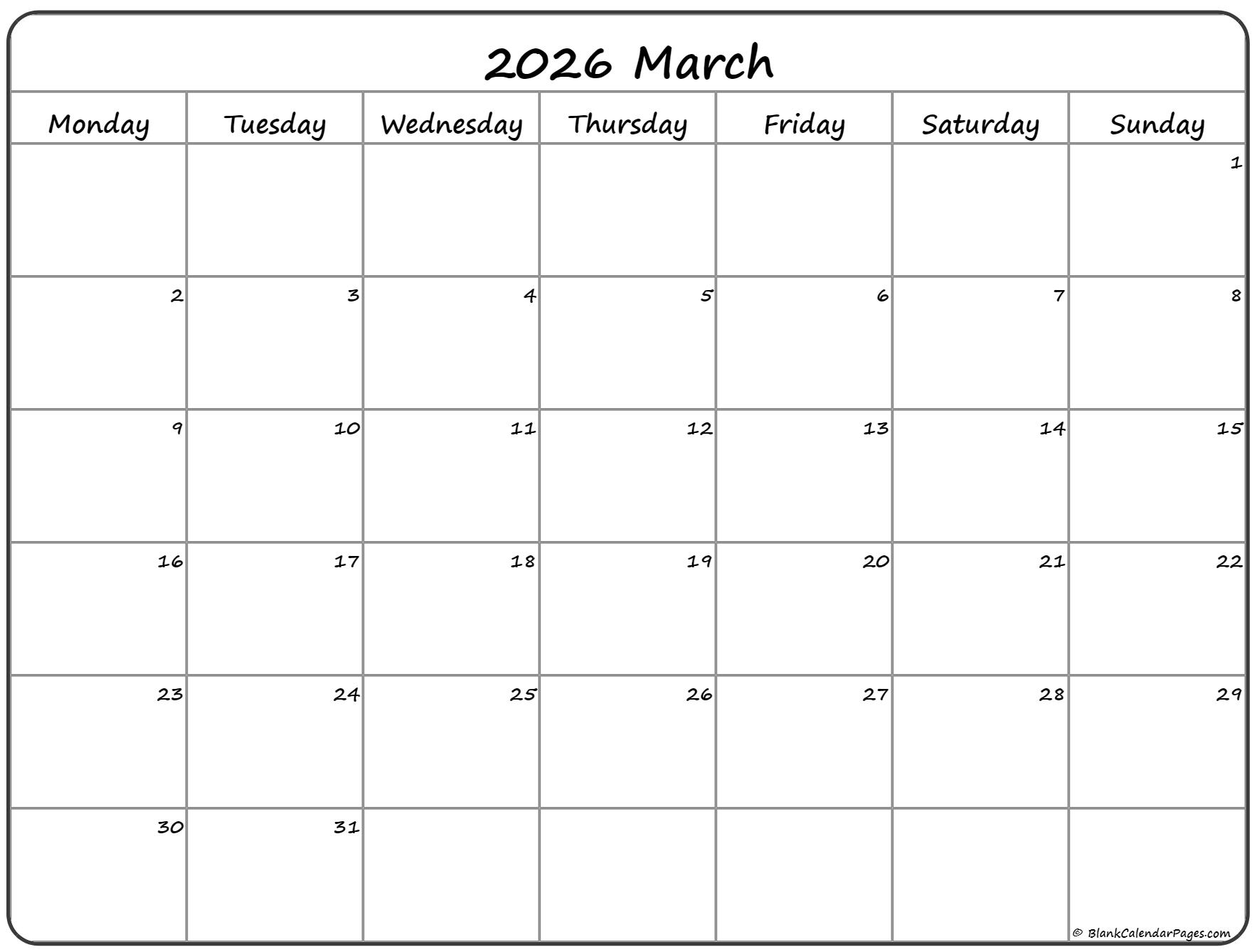 March 2023 Monday Calendar | Monday to Sunday