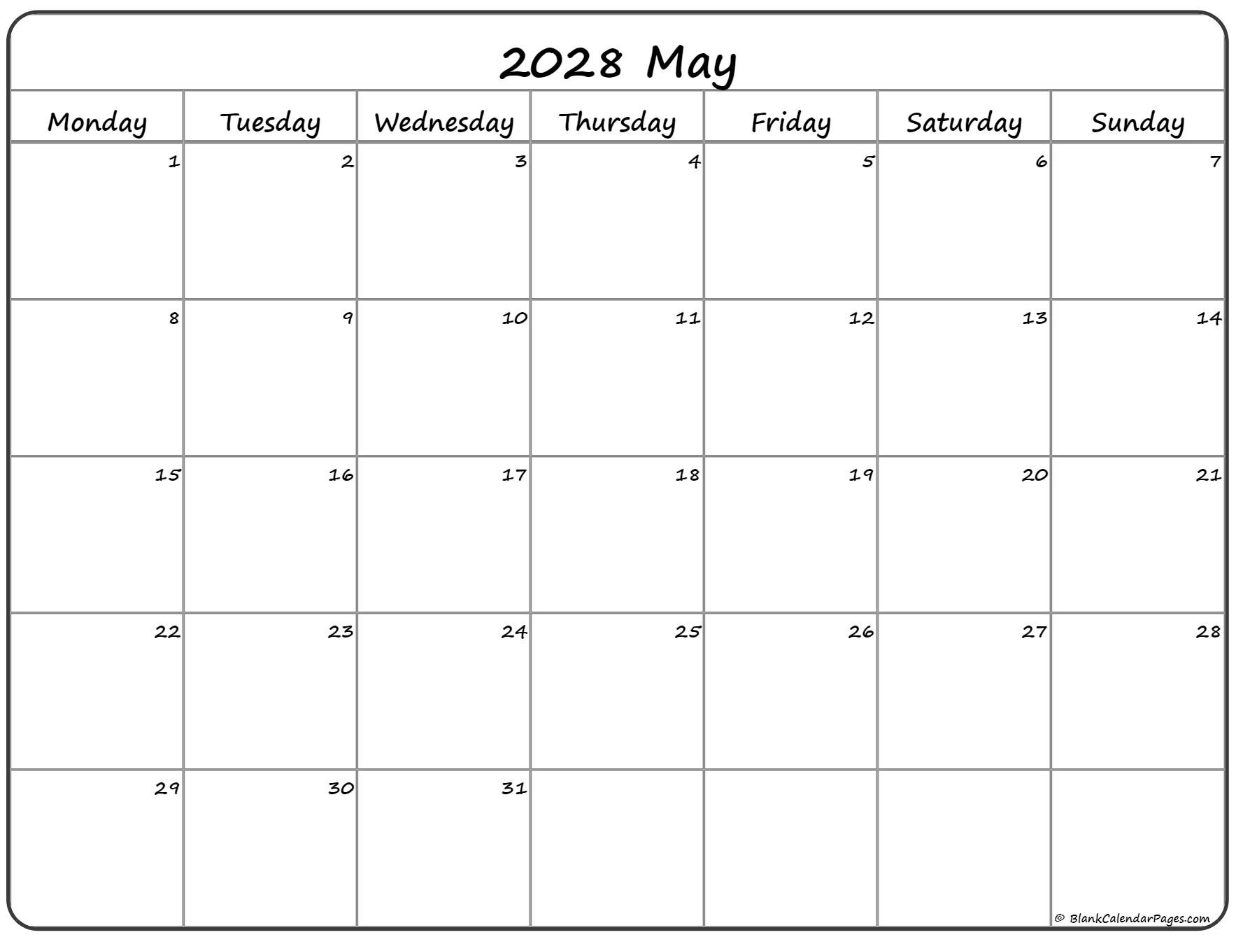 May 2028 Monday calendar. Monday to Sunday