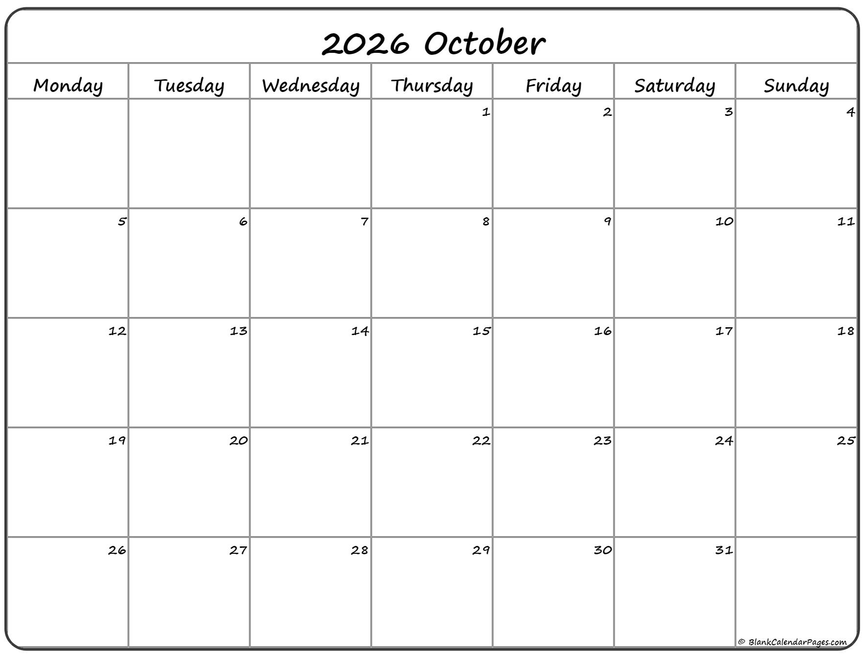 October 2026 Monday Calendar Monday To Sunday
