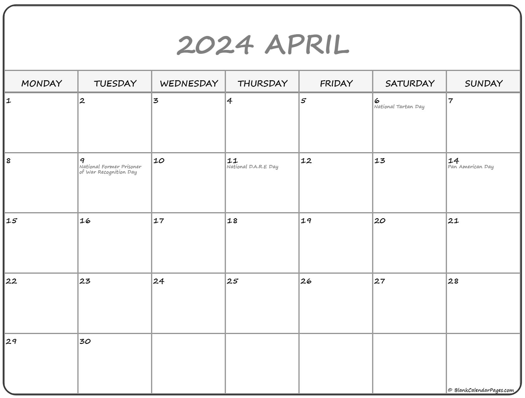 April 2024 Monday Calendar Monday To Sunday