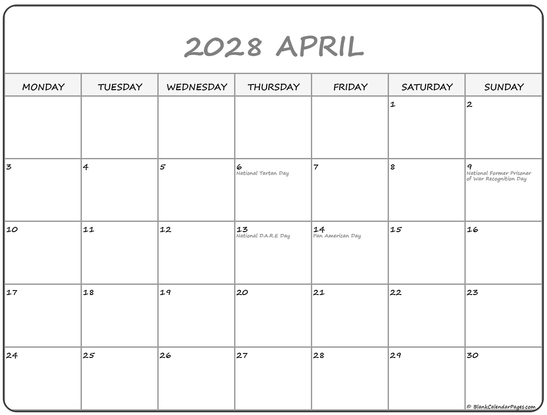 April 2028 Monday calendar. Monday to Sunday
