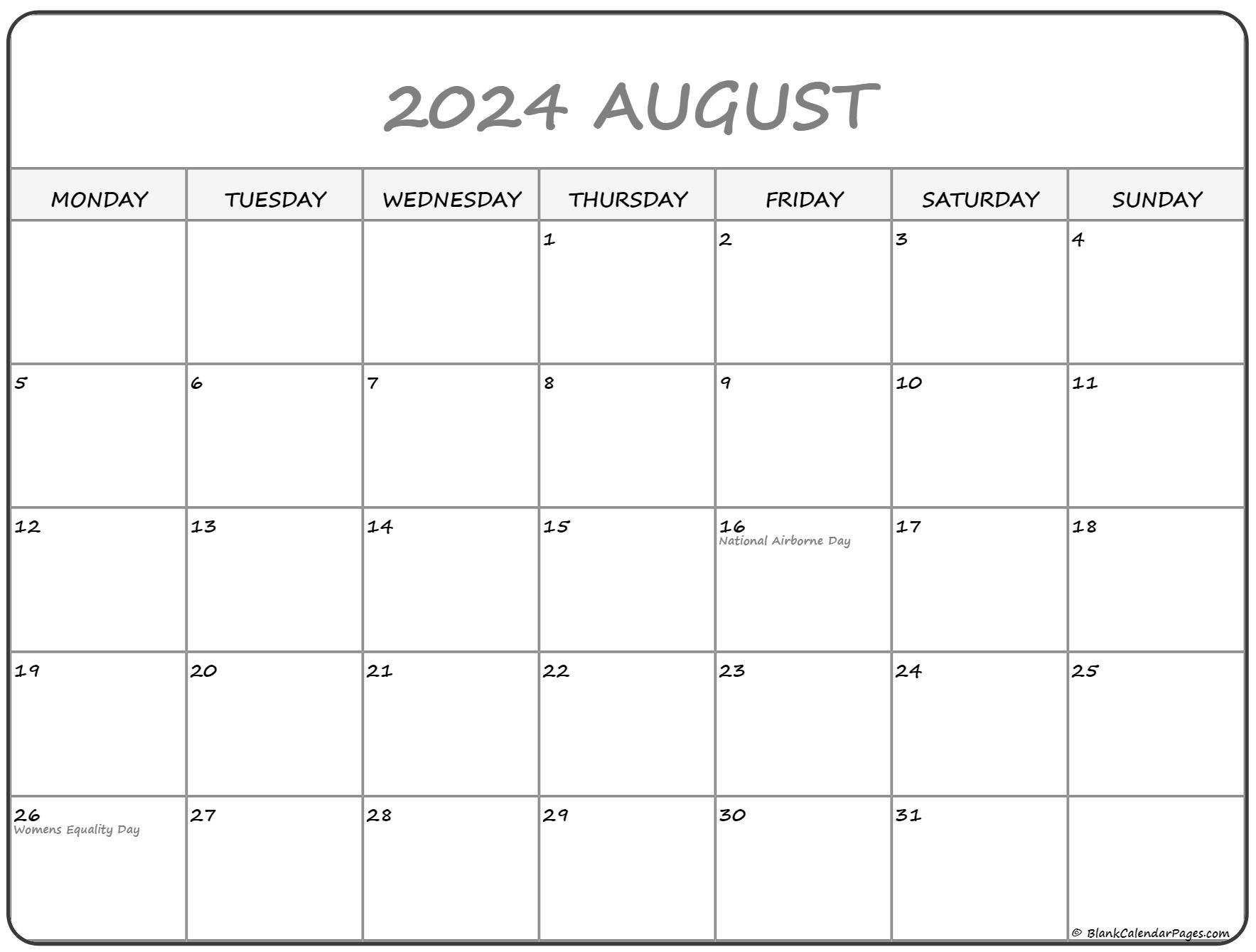 August 2022 Monday Calendar Monday to Sunday