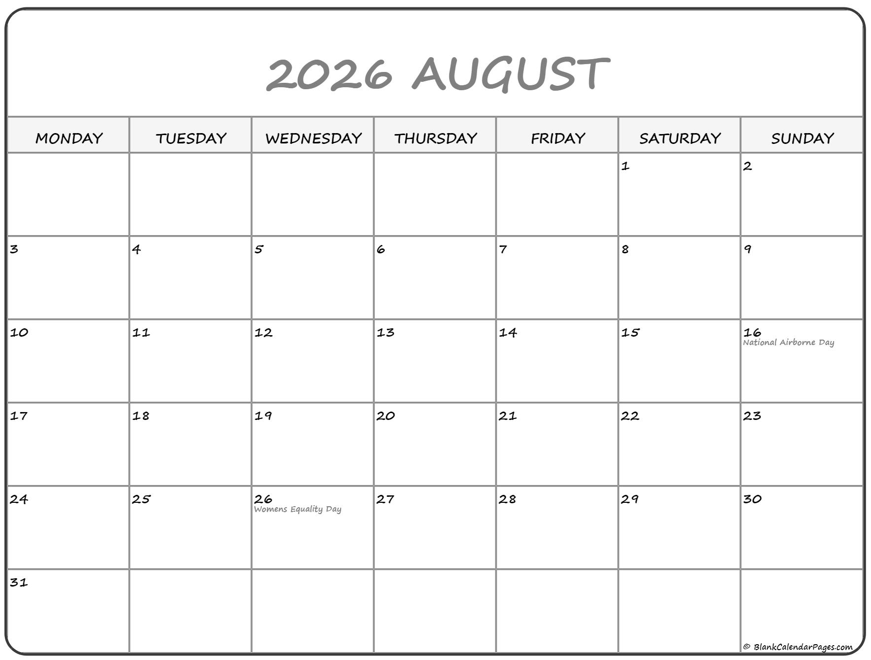 August 2022 Monday Calendar Monday To Sunday