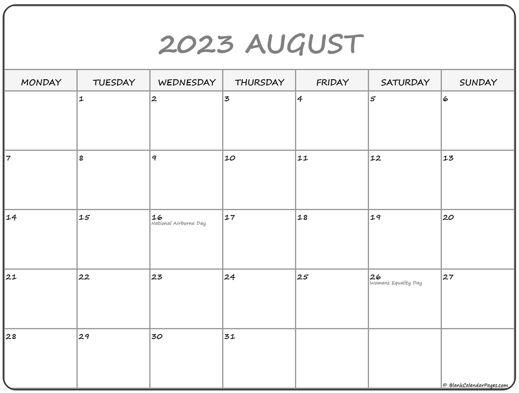August 2023 Monday Calendar Monday to Sunday