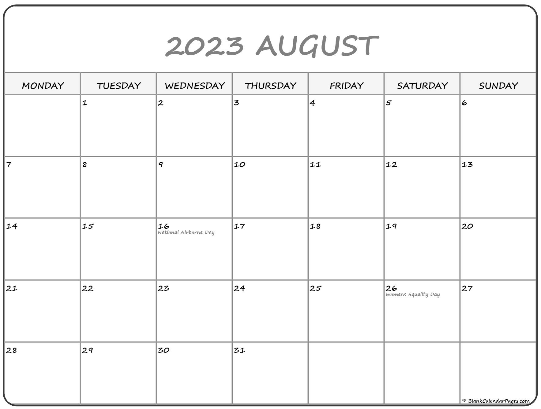 August 2023 Monday Calendar Monday To Sunday