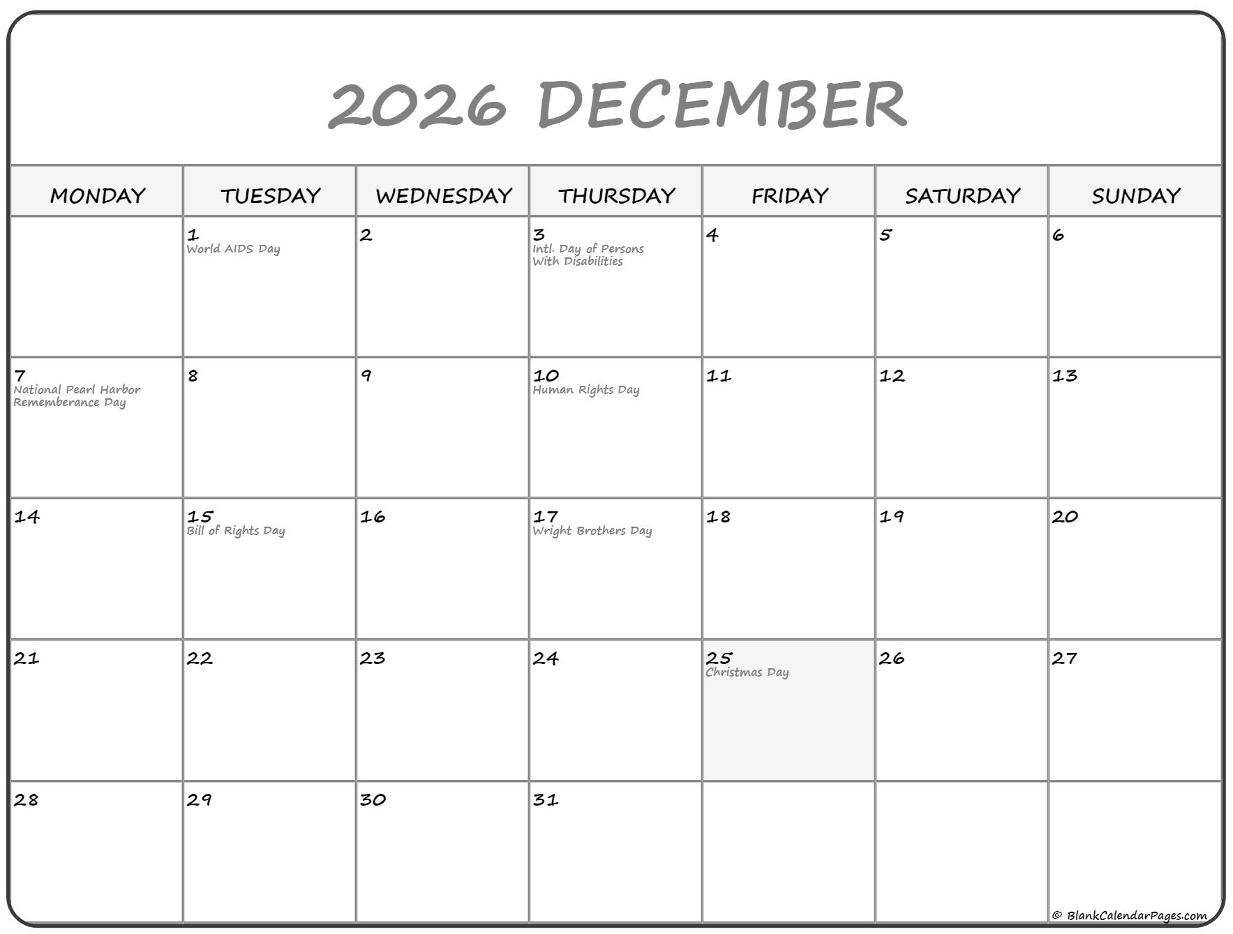 December 2020 Monday Calendar Monday To Sunday