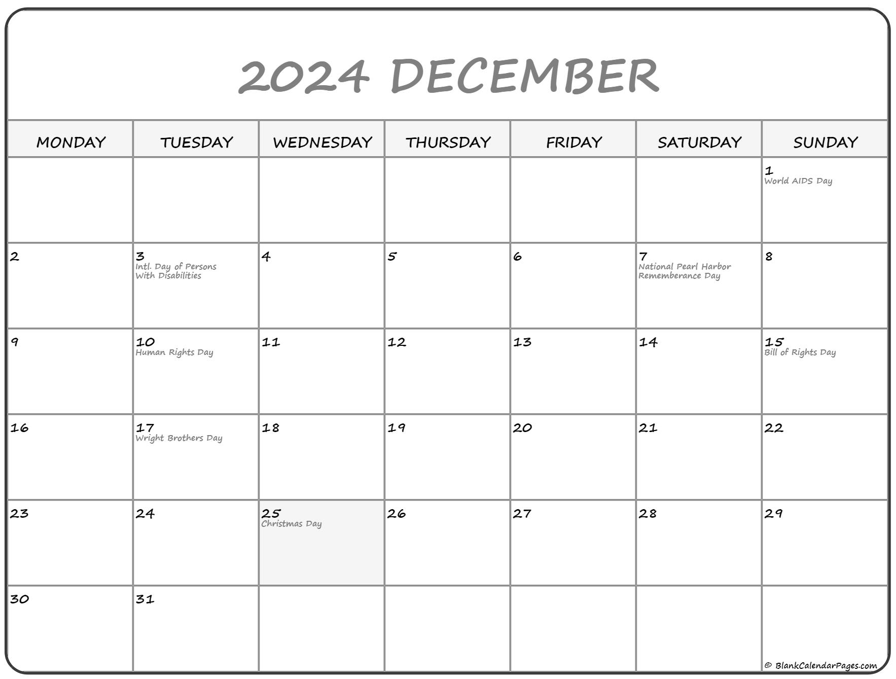 December 2021 Monday Calendar | Monday to Sunday