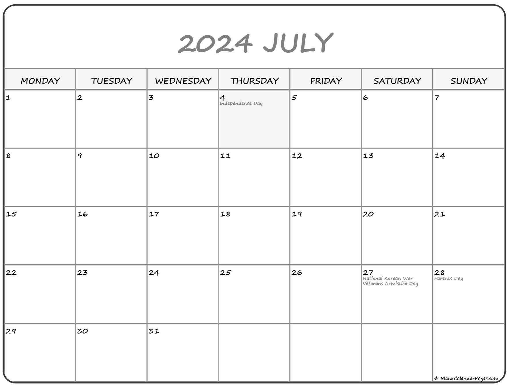 July 2024 Monday Calendar Monday To Sunday