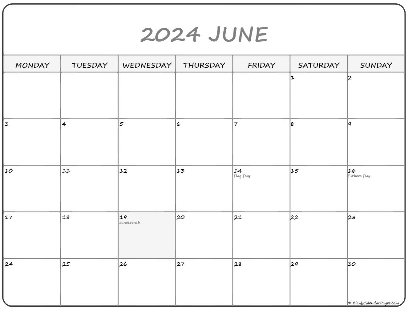 June 2021 Monday Calendar Monday to Sunday