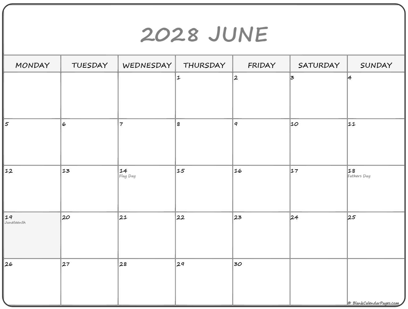 June 2028 Monday calendar. Monday to Sunday