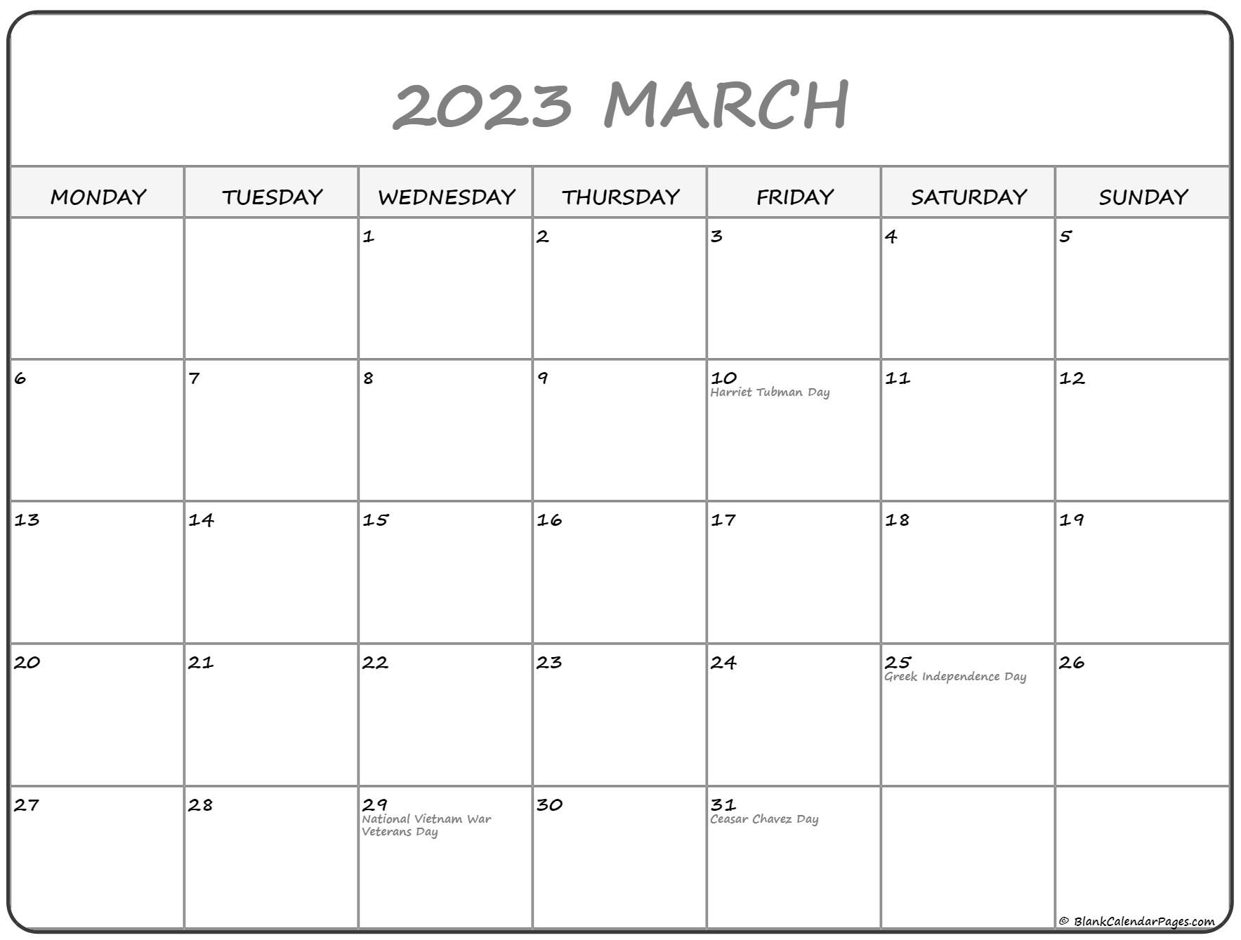 March 2023 Monday Calendar | Monday to Sunday