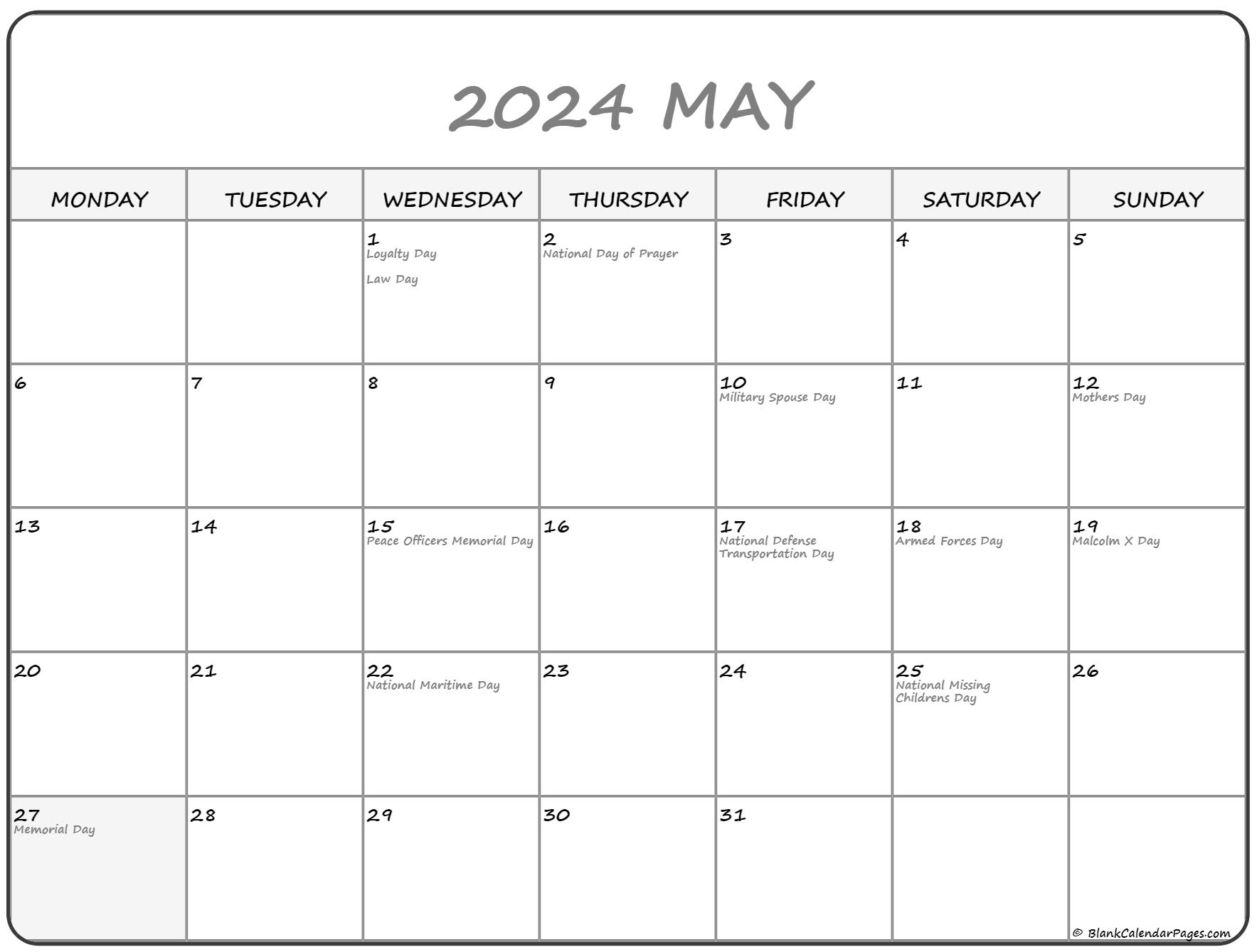 May 2021 Monday Calendar Monday to Sunday