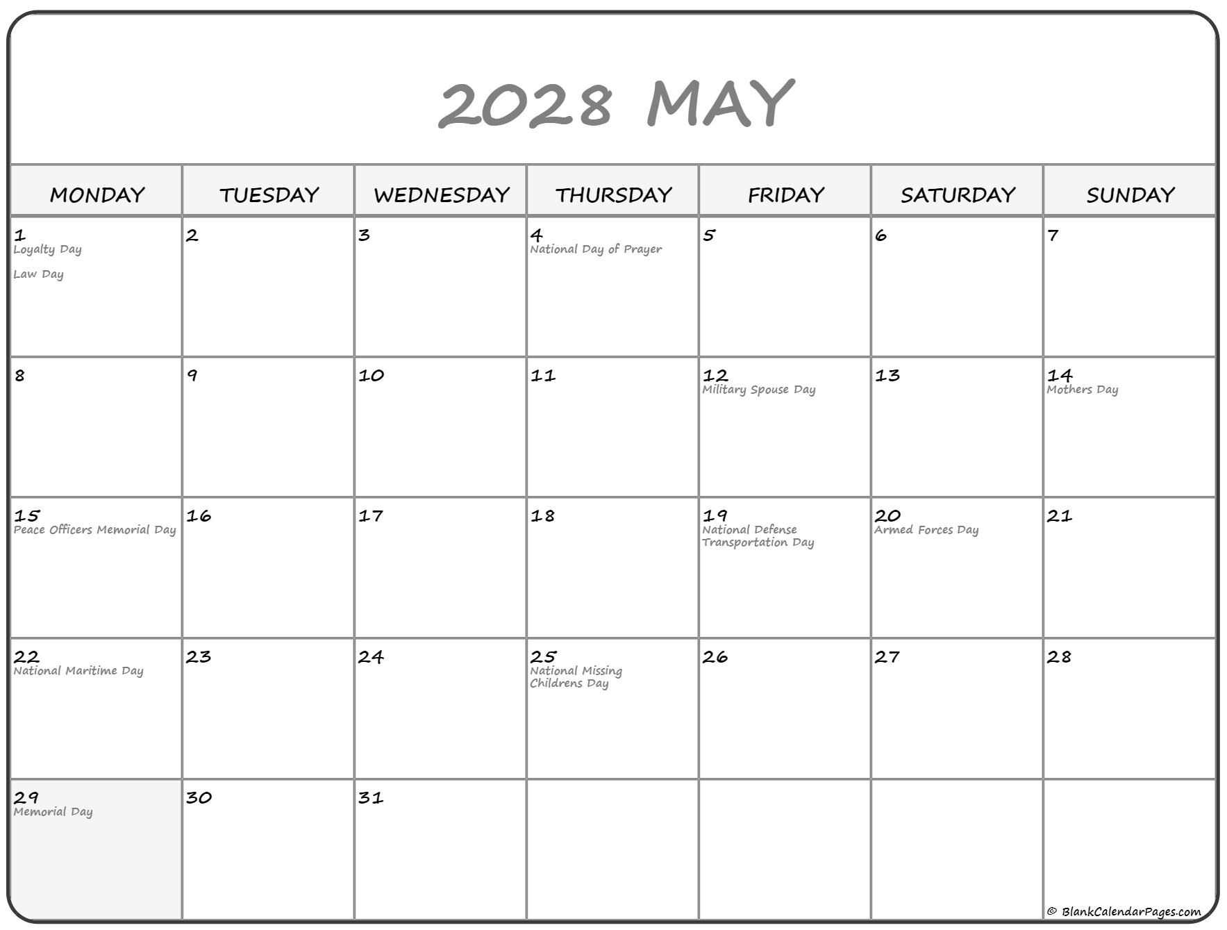 May 2028 Monday calendar. Monday to Sunday