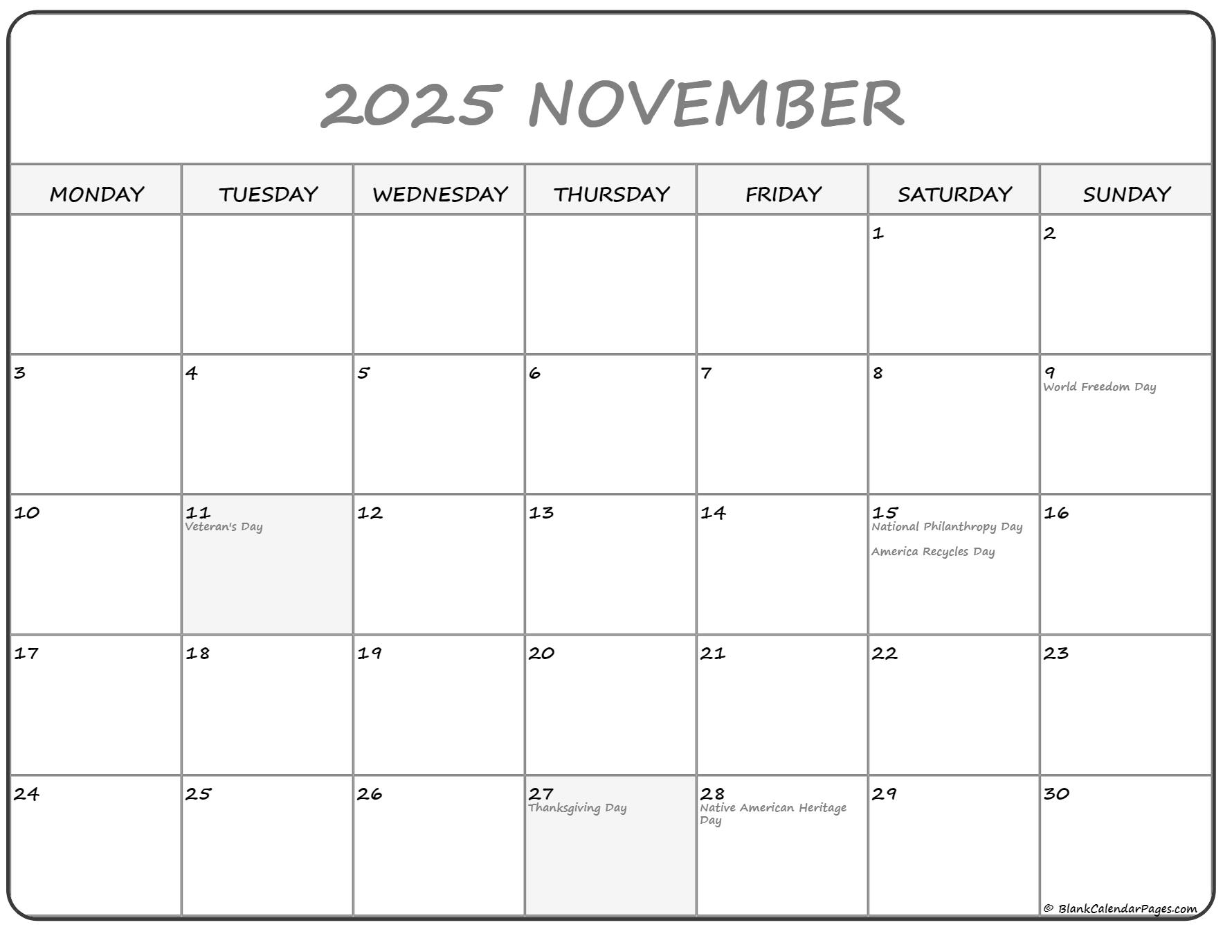 Free Monthly Calendar November 2025