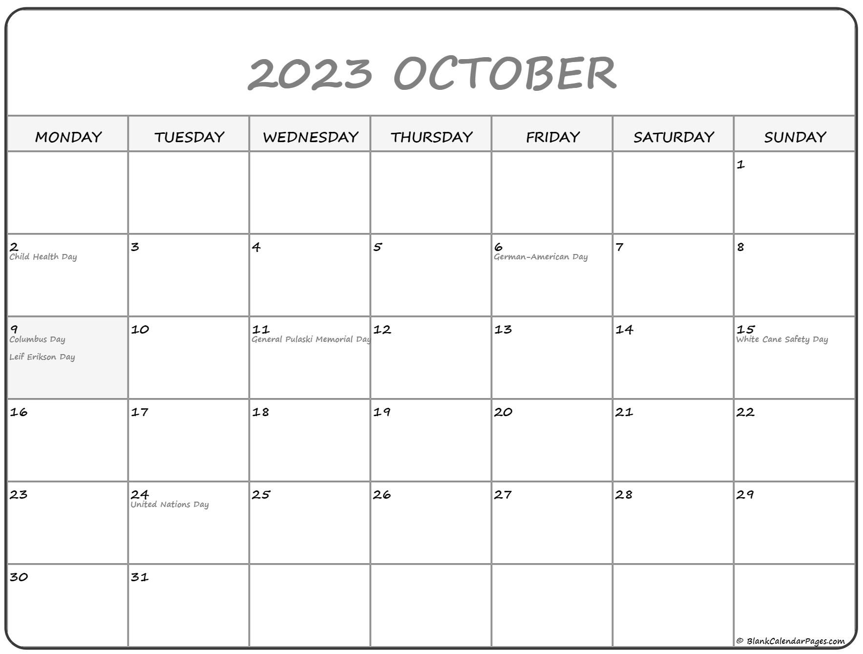 October 2023 Monday Calendar Monday To Sunday