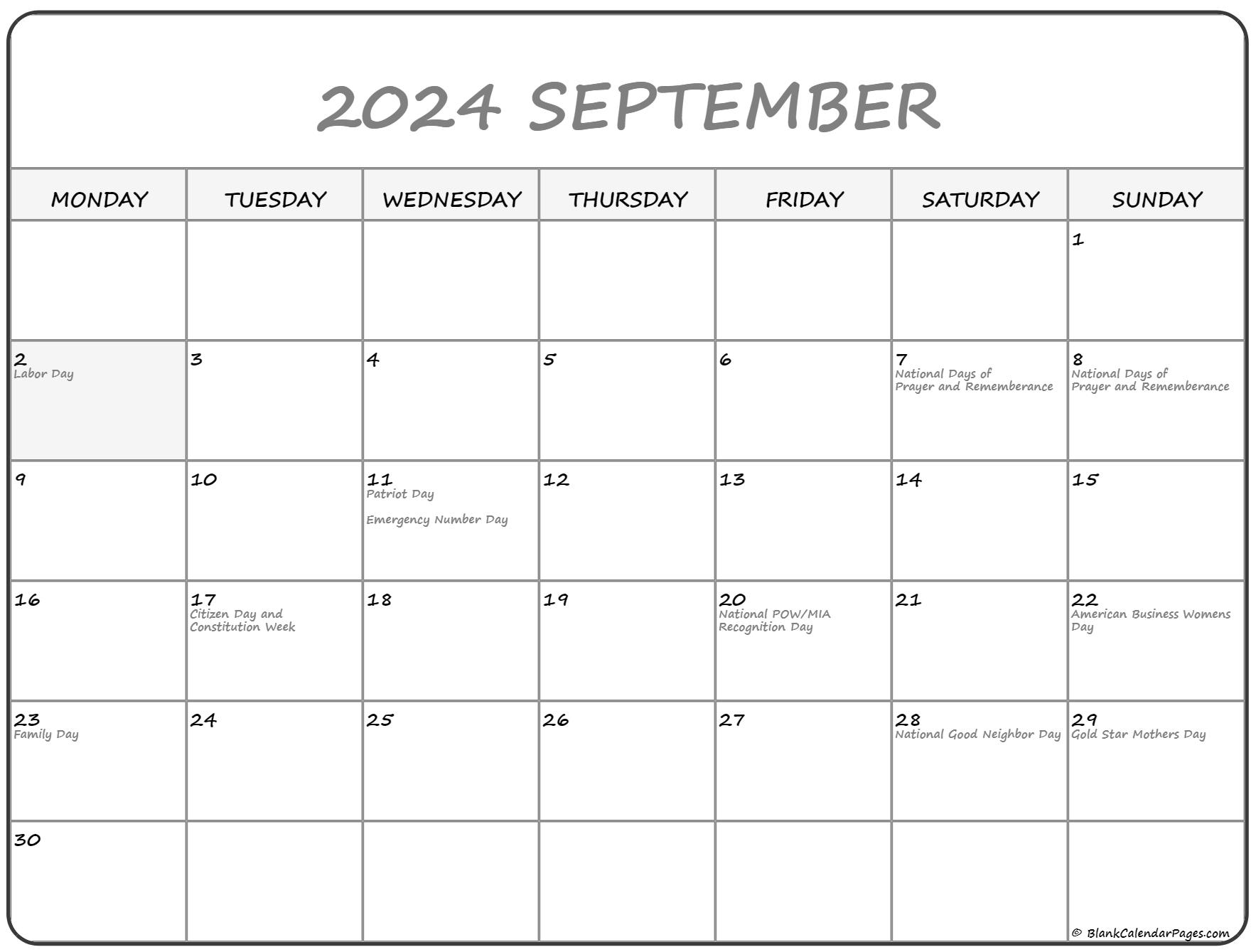 September 2021 Monday Calendar Monday to Sunday