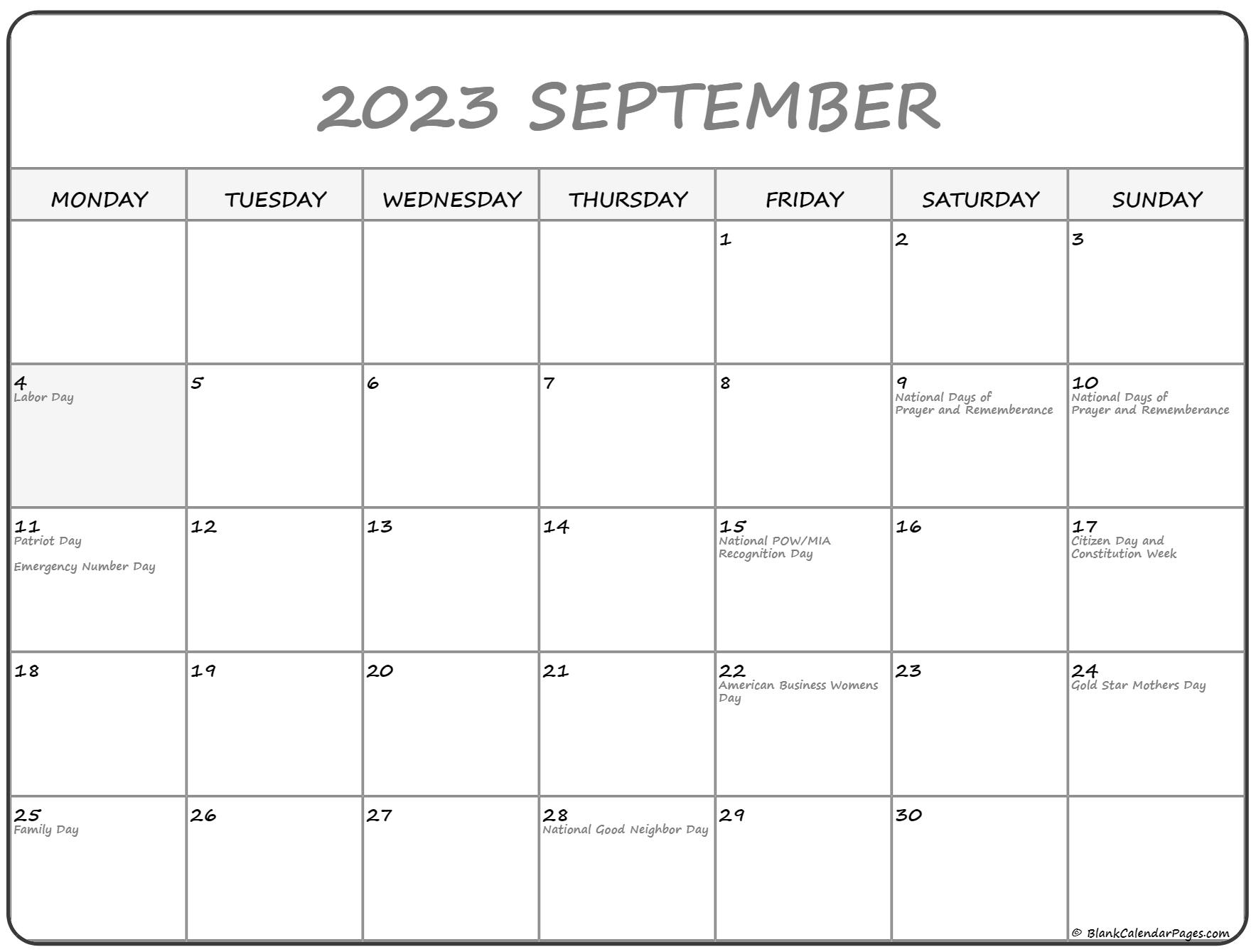 September 2023 Monday Calendar | Monday to Sunday