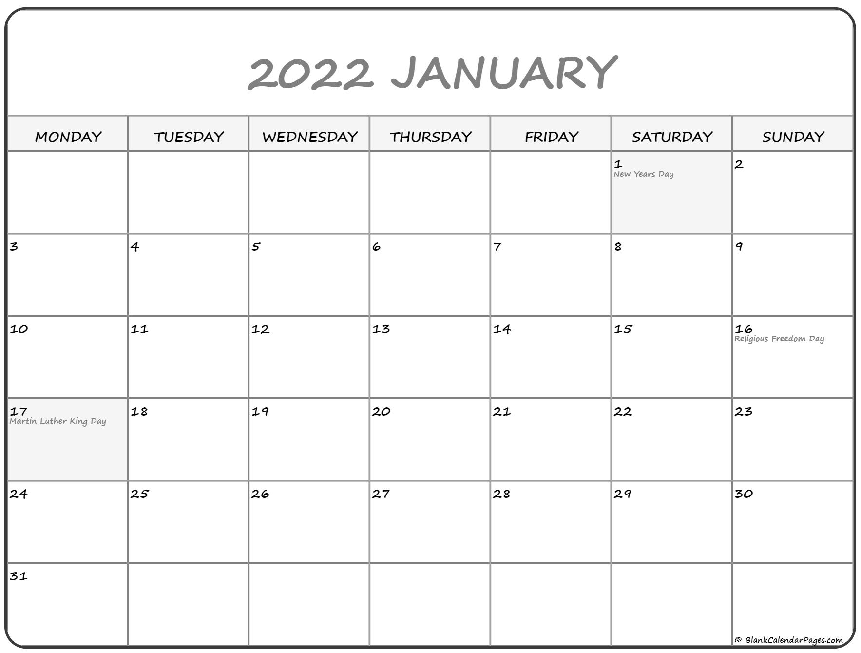 january 2022 monday calendar monday to sunday