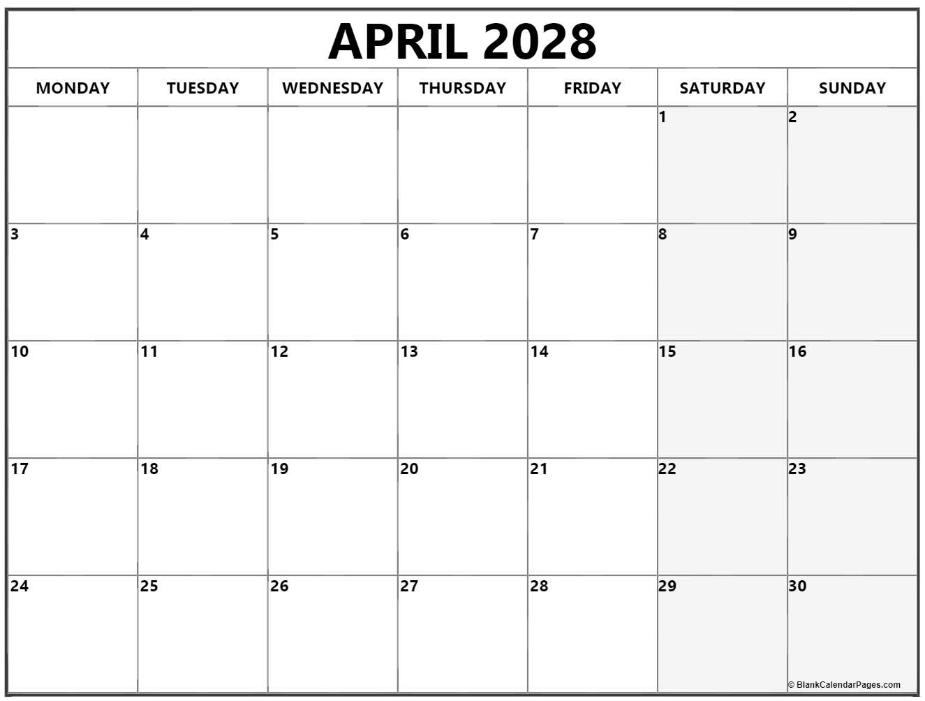 April 2028 Monday calendar. Monday to Sunday