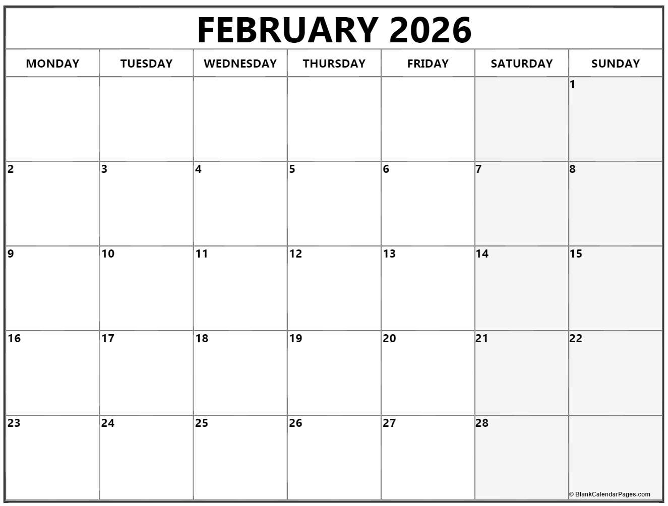 February 2026 Monday calendar. Monday to Sunday