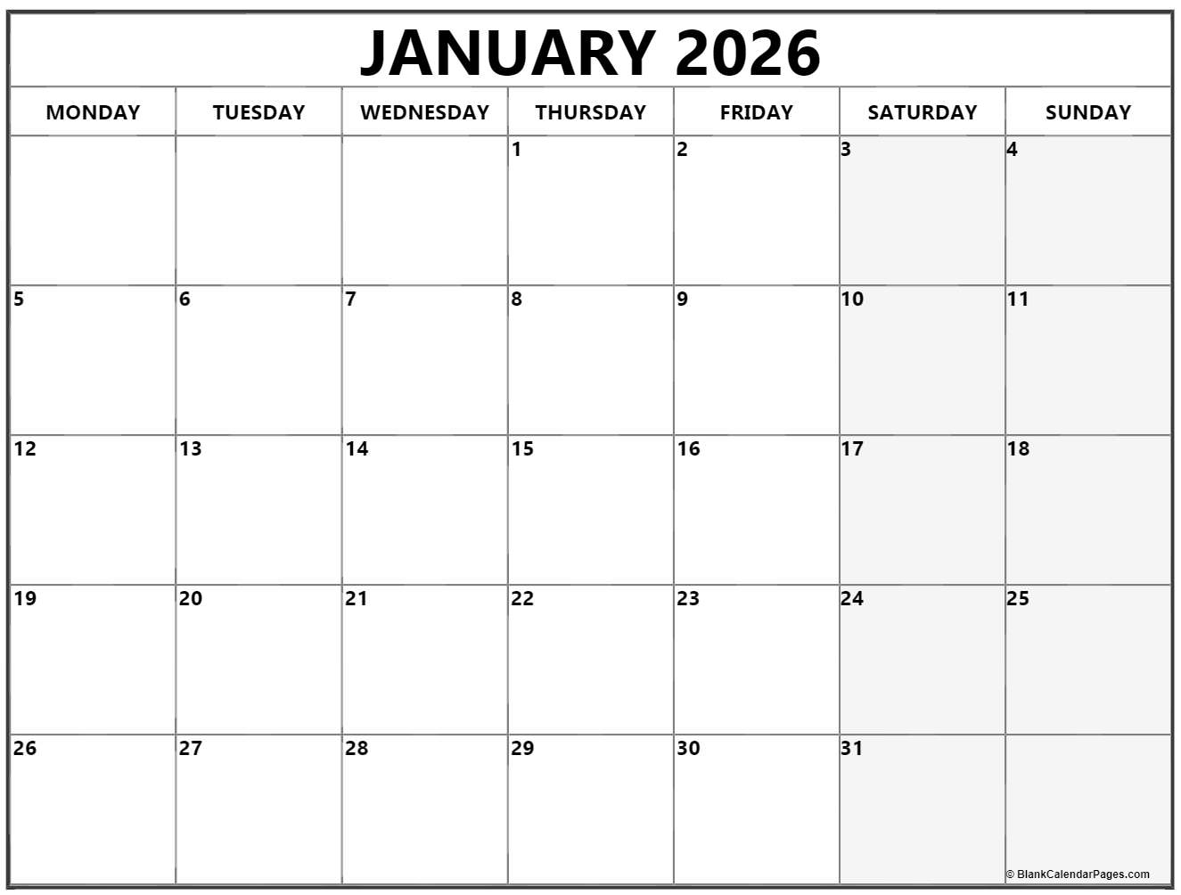 January 2026 Monday Calendar Monday To Sunday