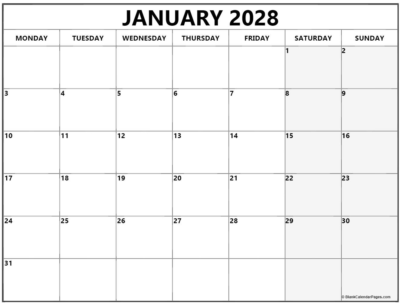 January 2028 Monday calendar. Monday to Sunday