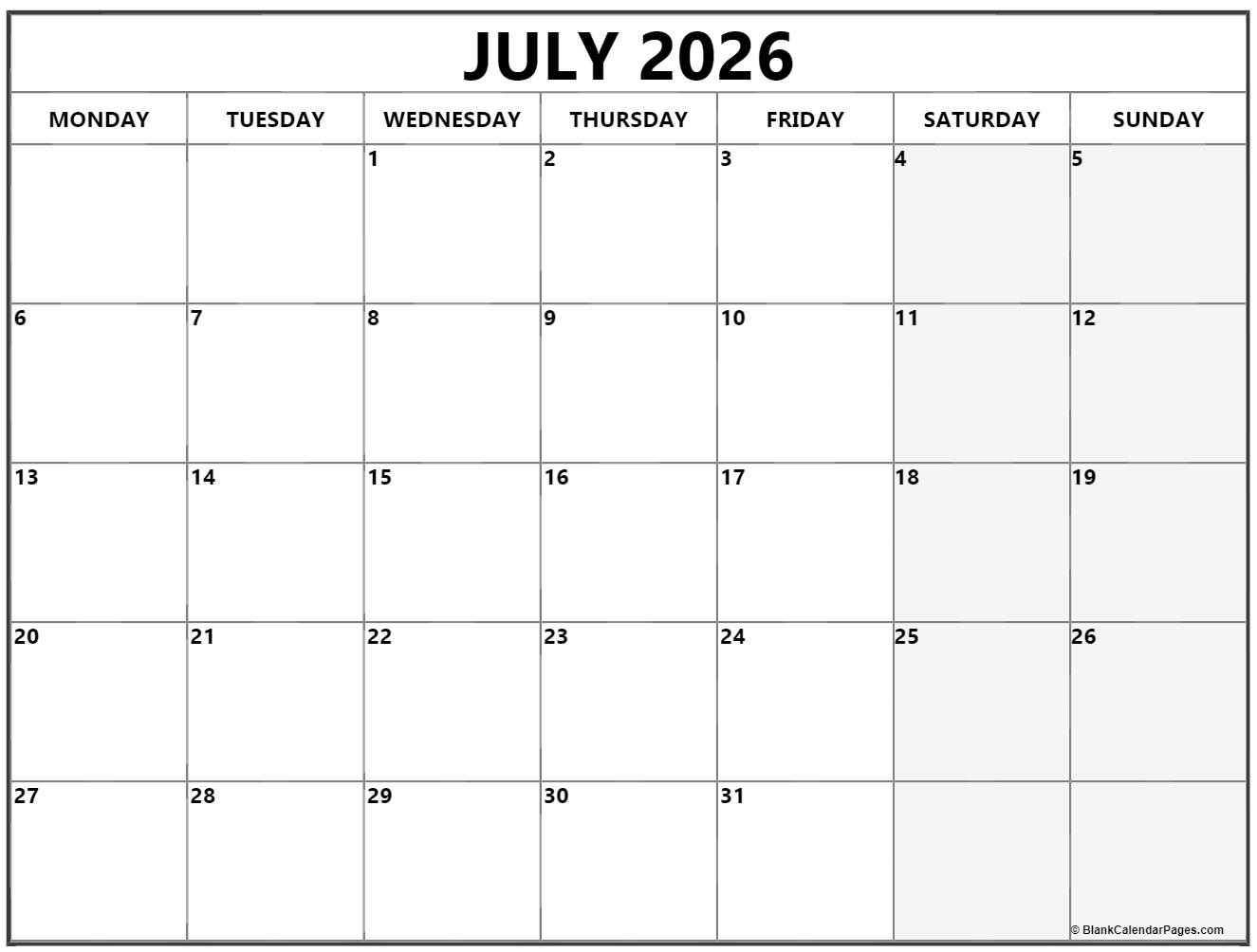 July 2026 Monday calendar. Monday to Sunday