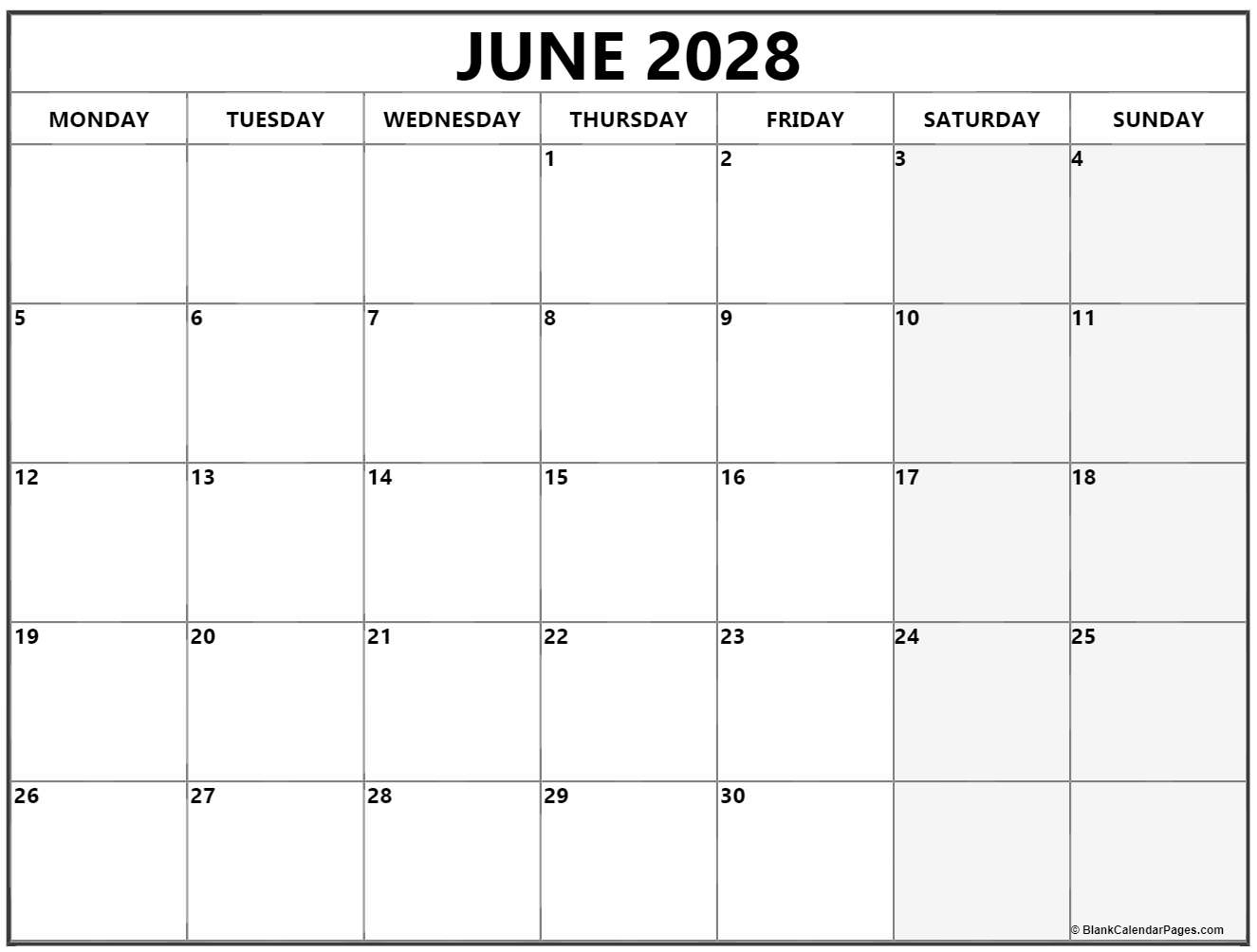 June 2028 Monday calendar. Monday to Sunday