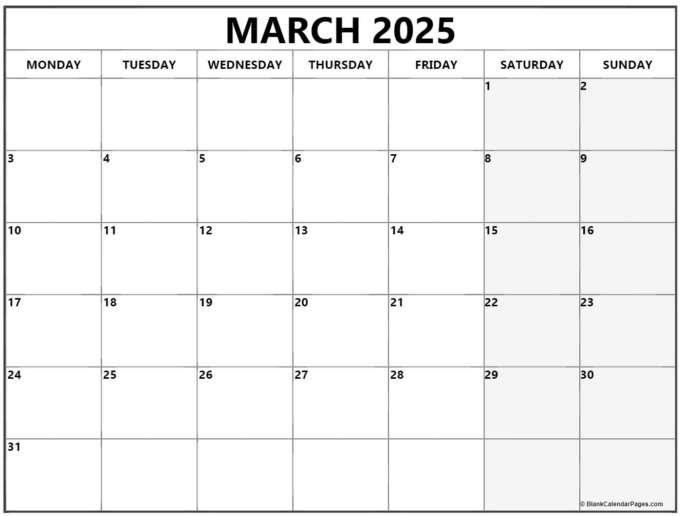 March 2025 Calendar Monday Starters 