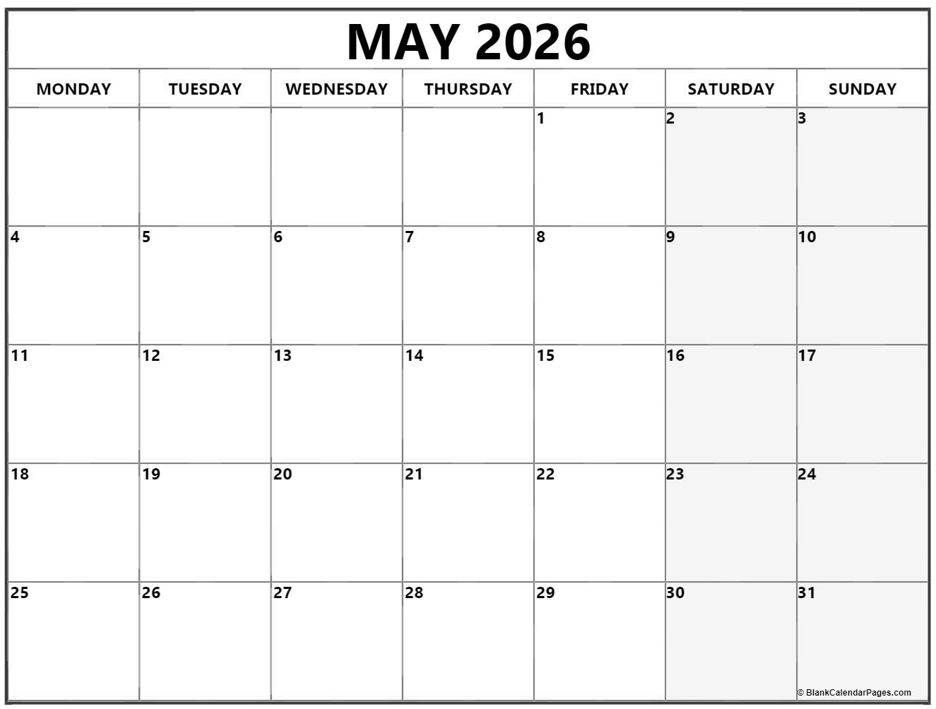 May 2026 Monday calendar. Monday to Sunday