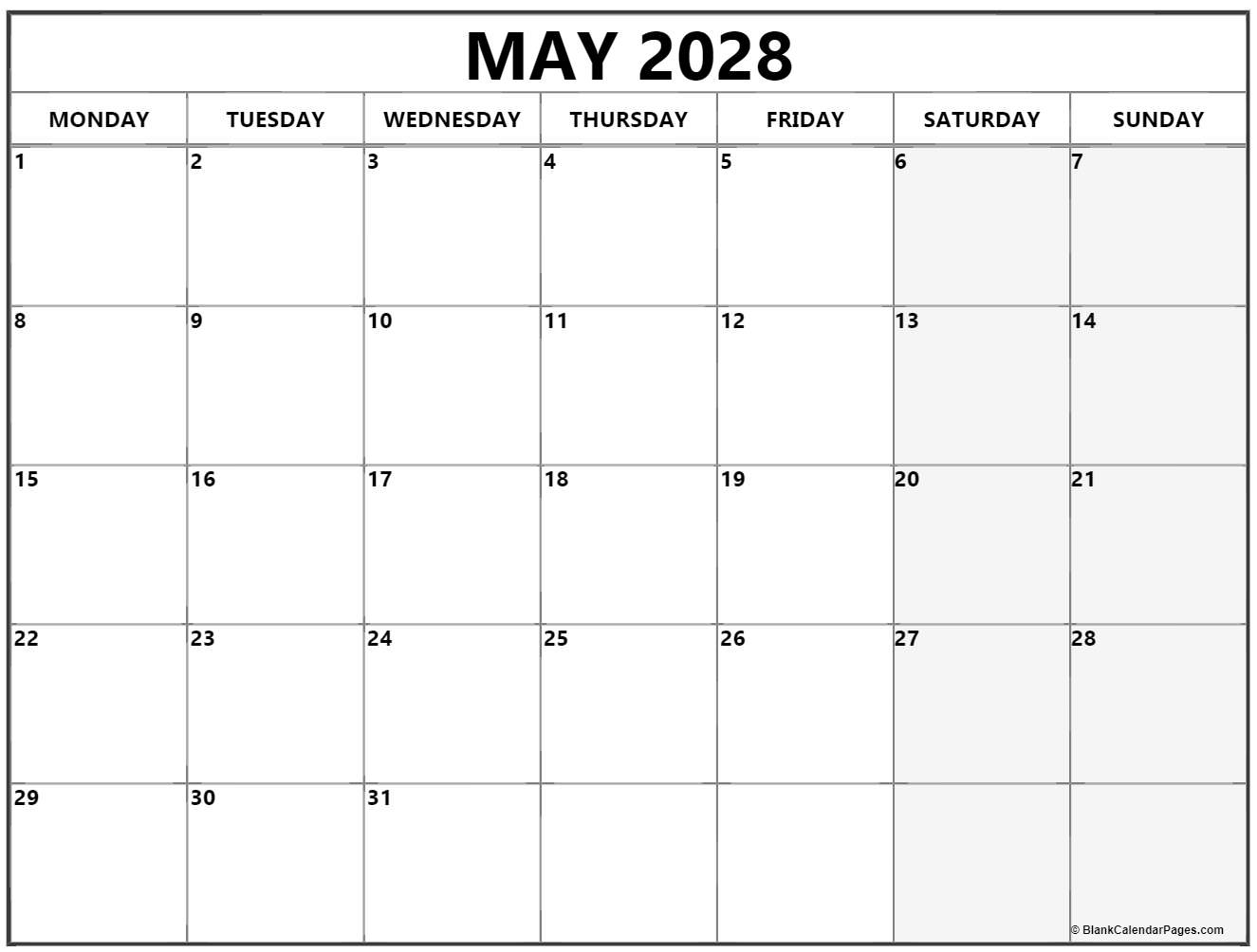 May 2028 Monday calendar. Monday to Sunday