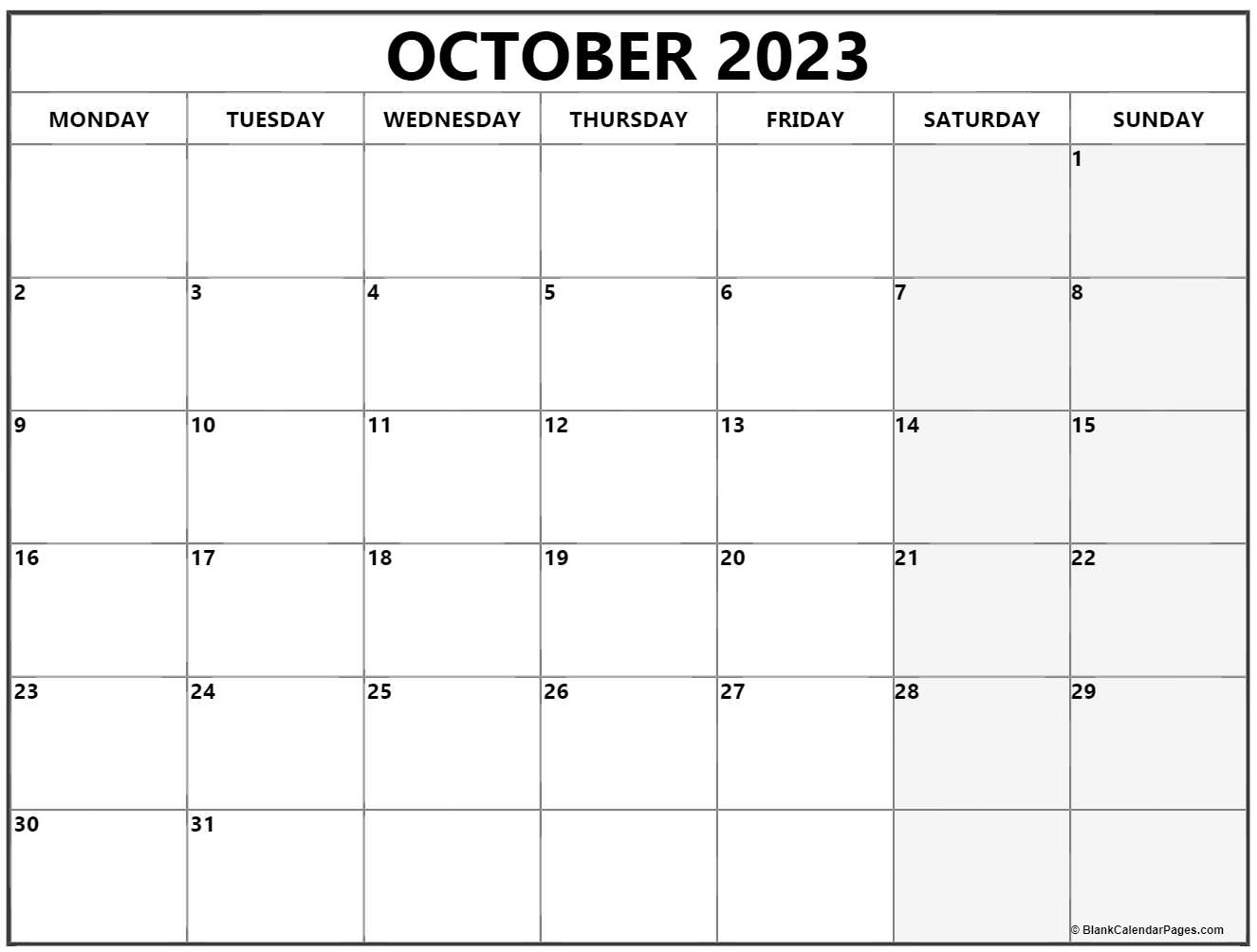 October 2023 Monday calendar. Monday to Sunday