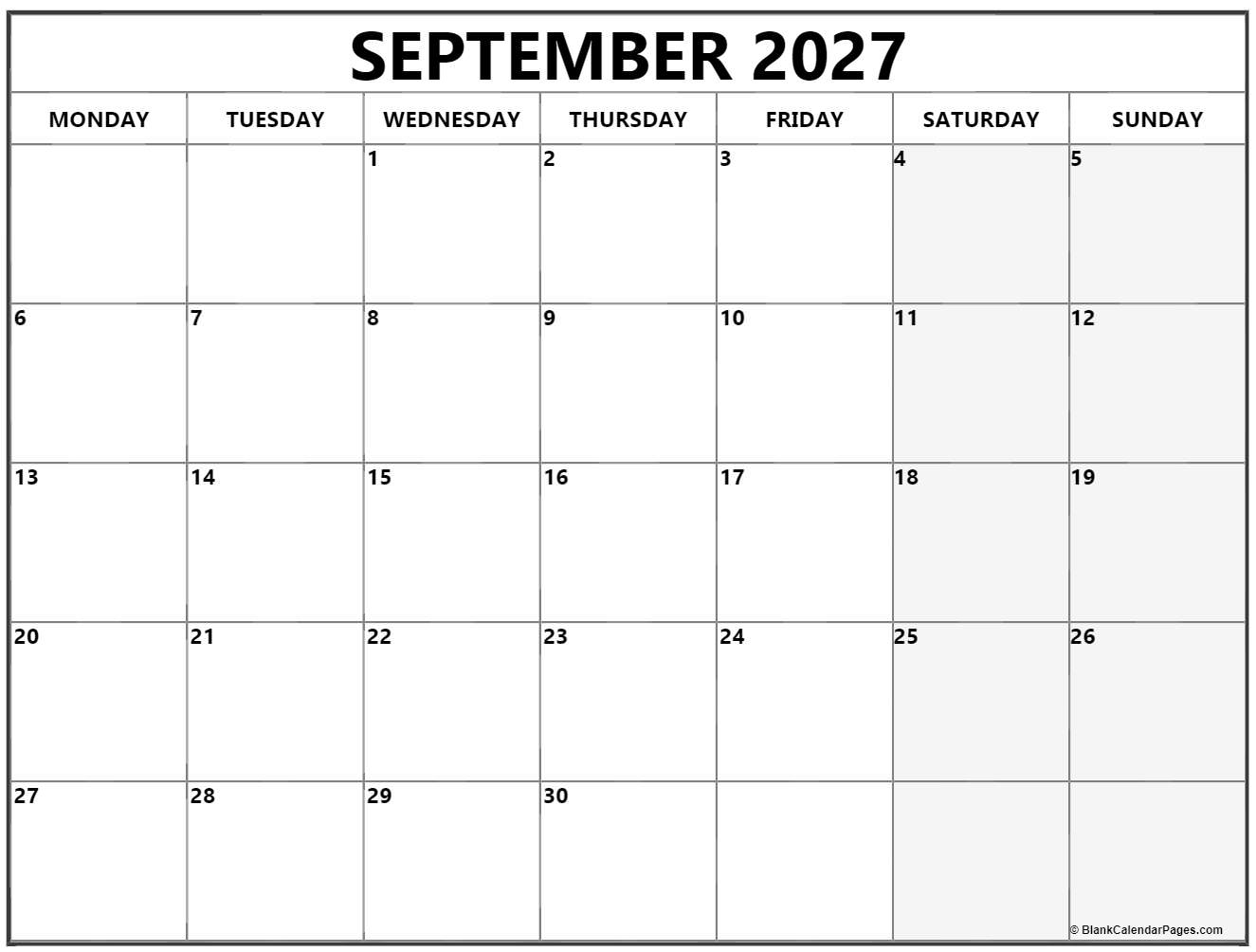 September 2027 Monday calendar. Monday to Sunday