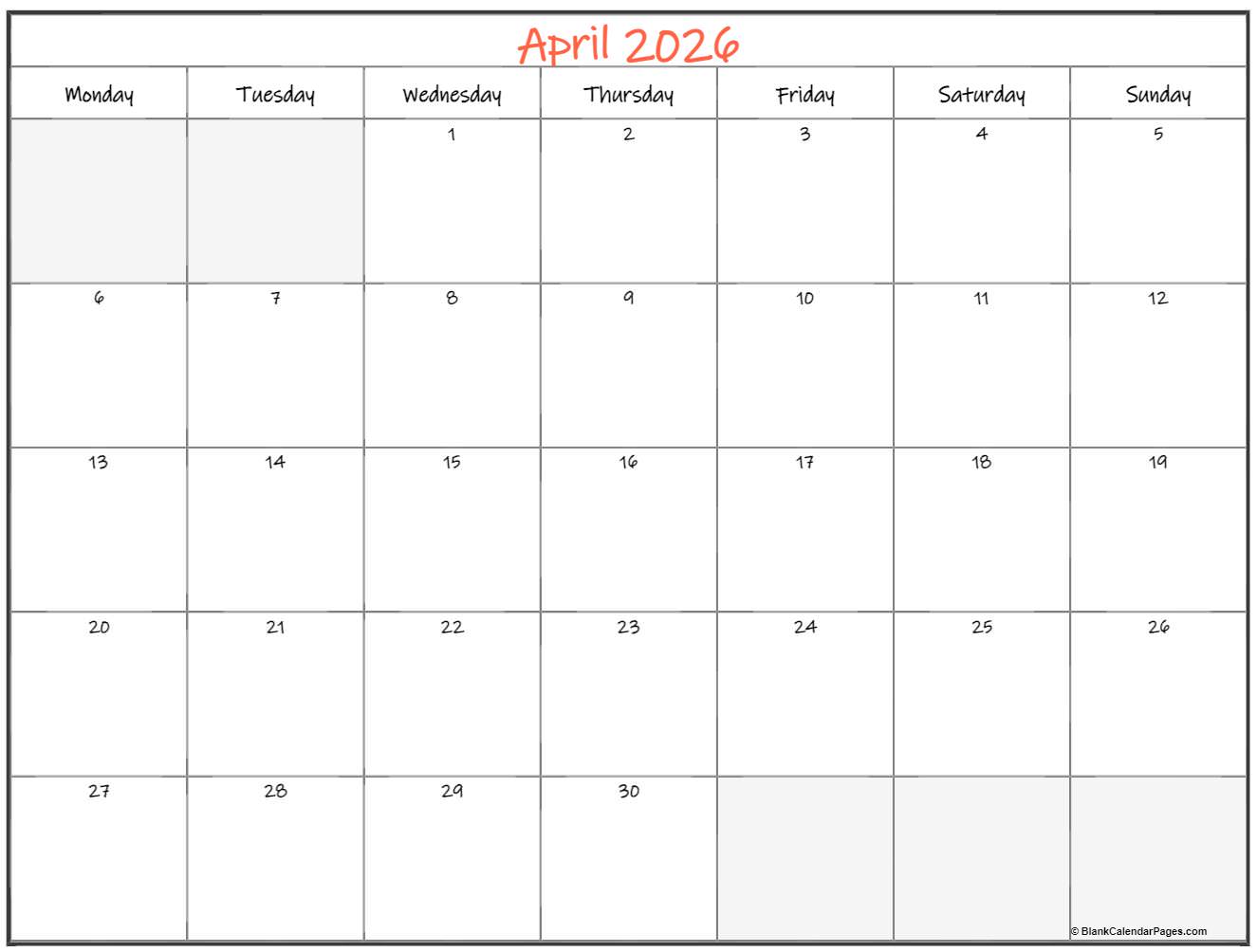 April 2026 Monday calendar. Monday to Sunday