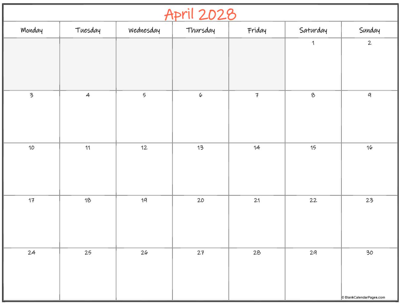 April 2028 Monday calendar. Monday to Sunday
