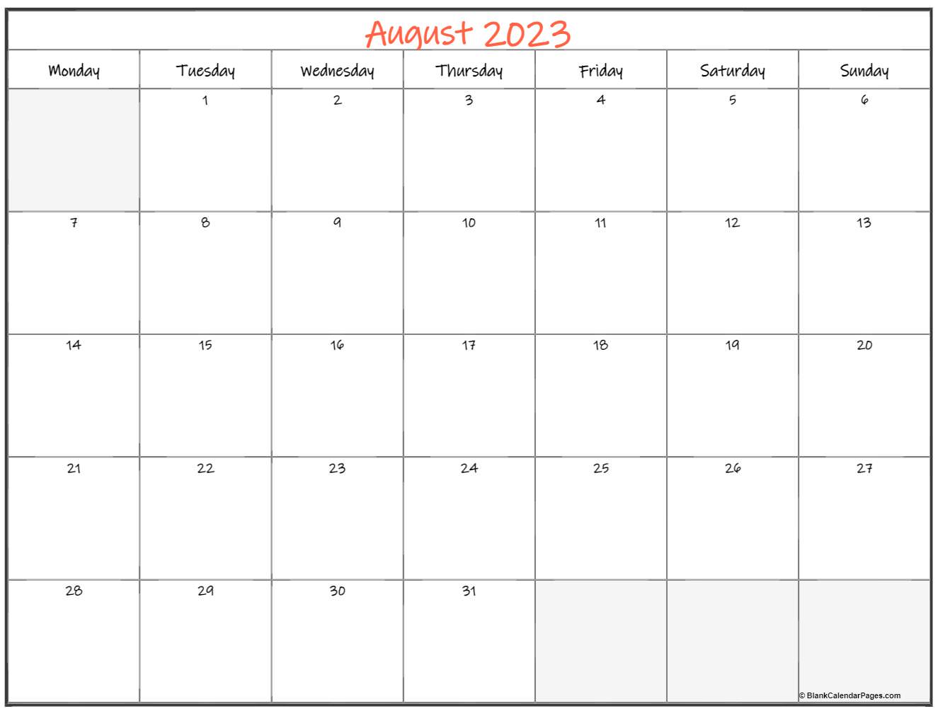 August 2023 Monday Calendar | Monday to Sunday