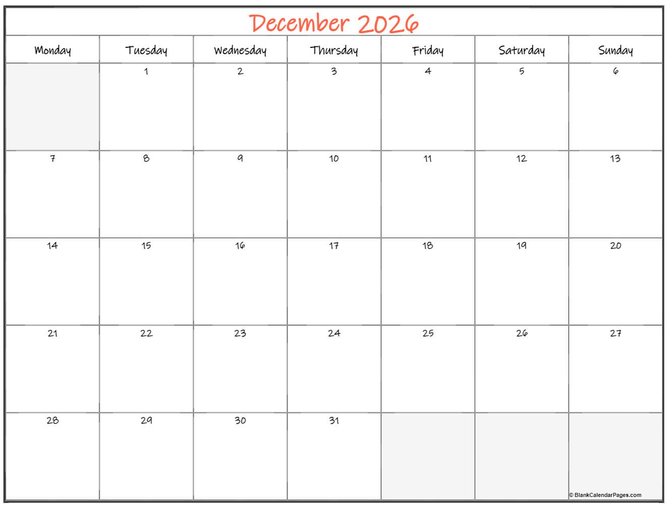 December 2026 Monday Calendar | Monday to Sunday