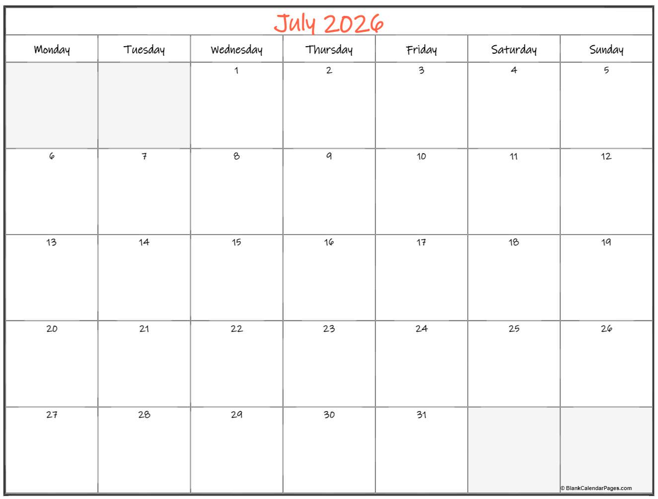 July 2026 Monday calendar. Monday to Sunday