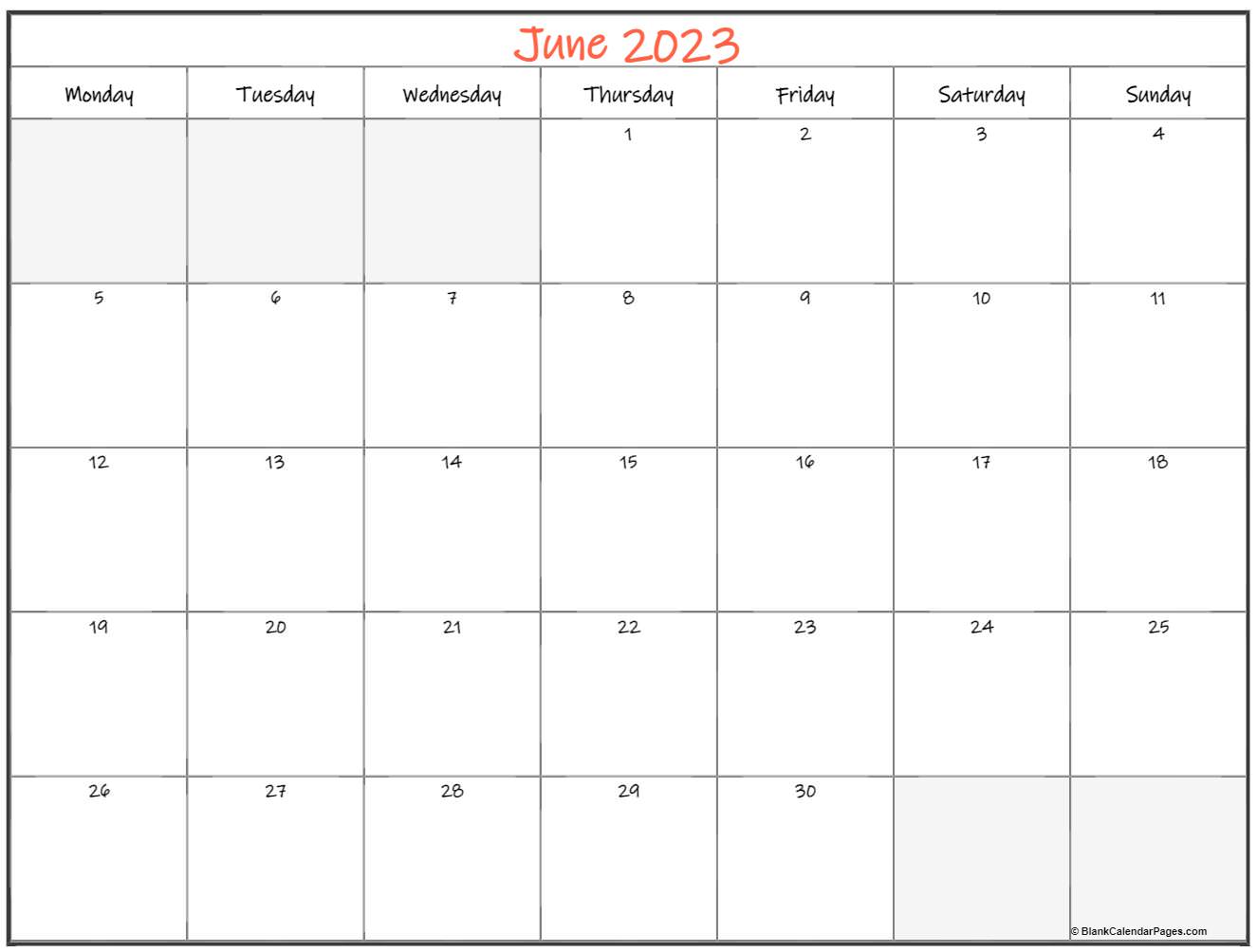 June 2023 Monday Calendar | Monday to Sunday