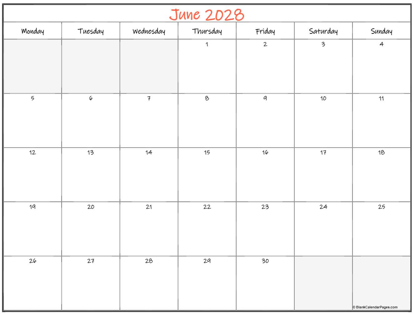 June 2028 Monday calendar. Monday to Sunday